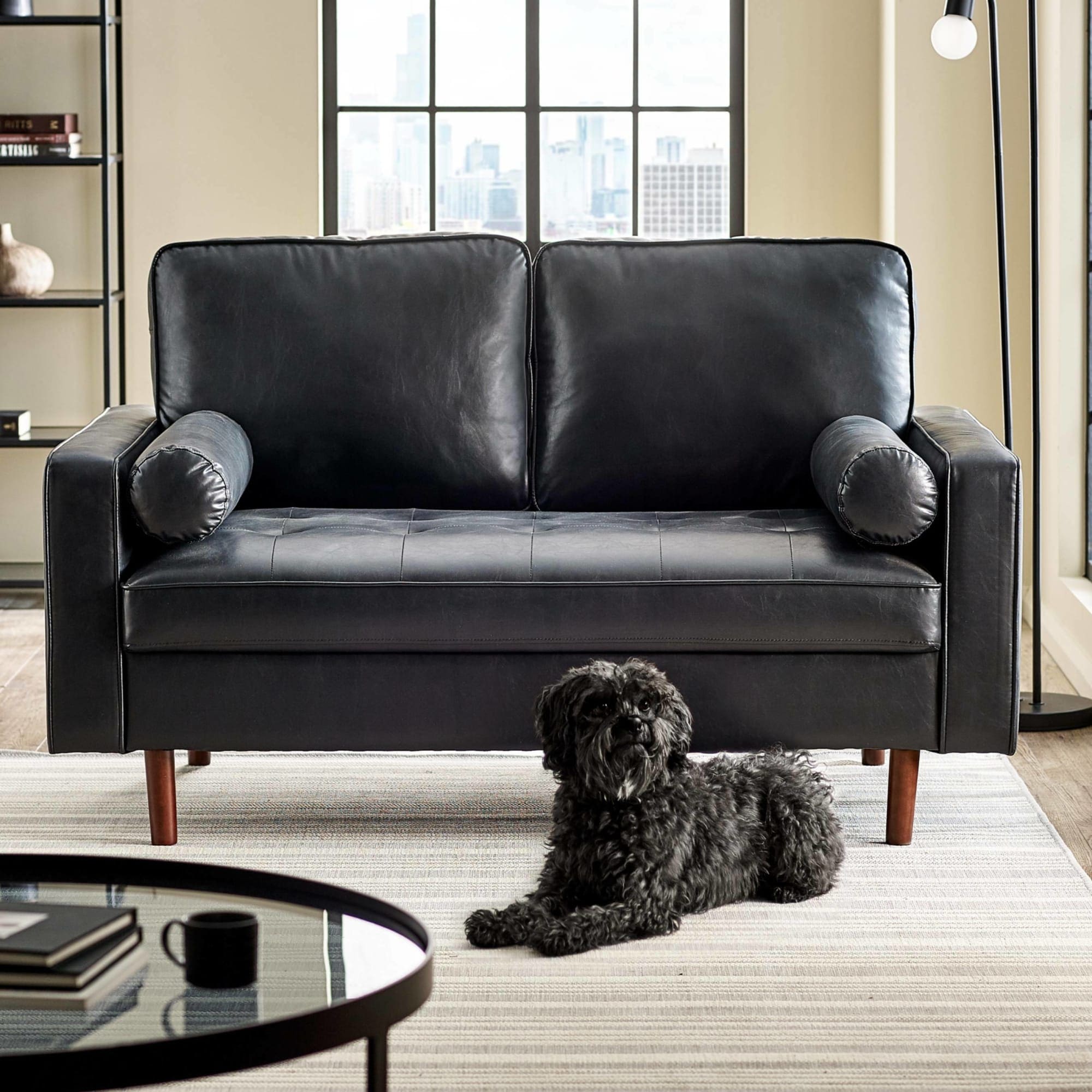 Henley 2 Seater Sofa with Bolsters Black Faux Leather
