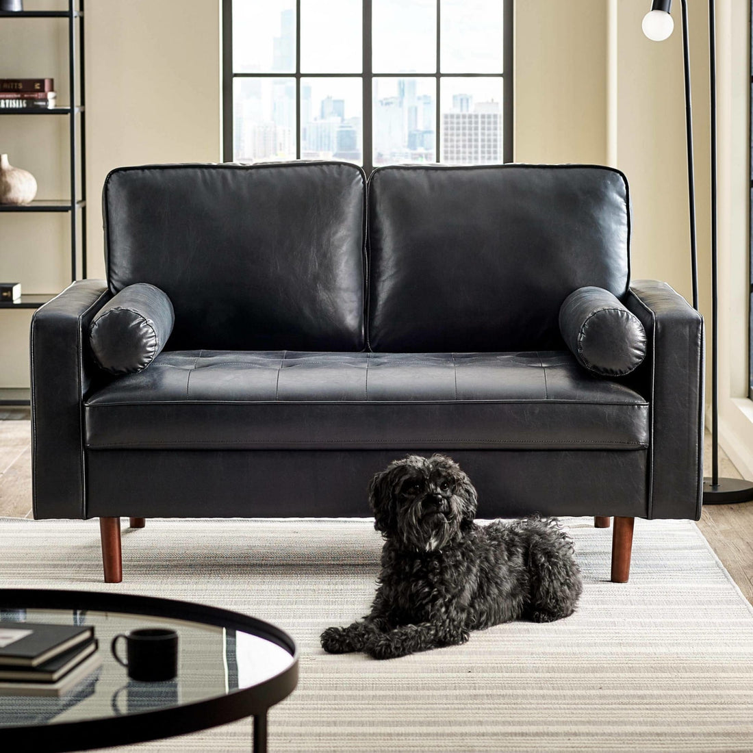 Henley 2 Seater Sofa with Bolsters Black Faux Leather