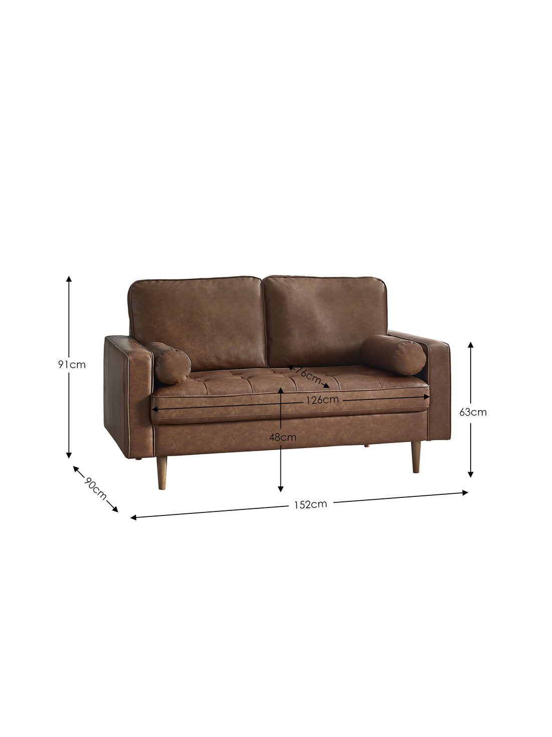 Brown faux leather Henley 2-seater sofa with bolster cushions by Julian Bowen, showcasing its stylish and comfortable design.