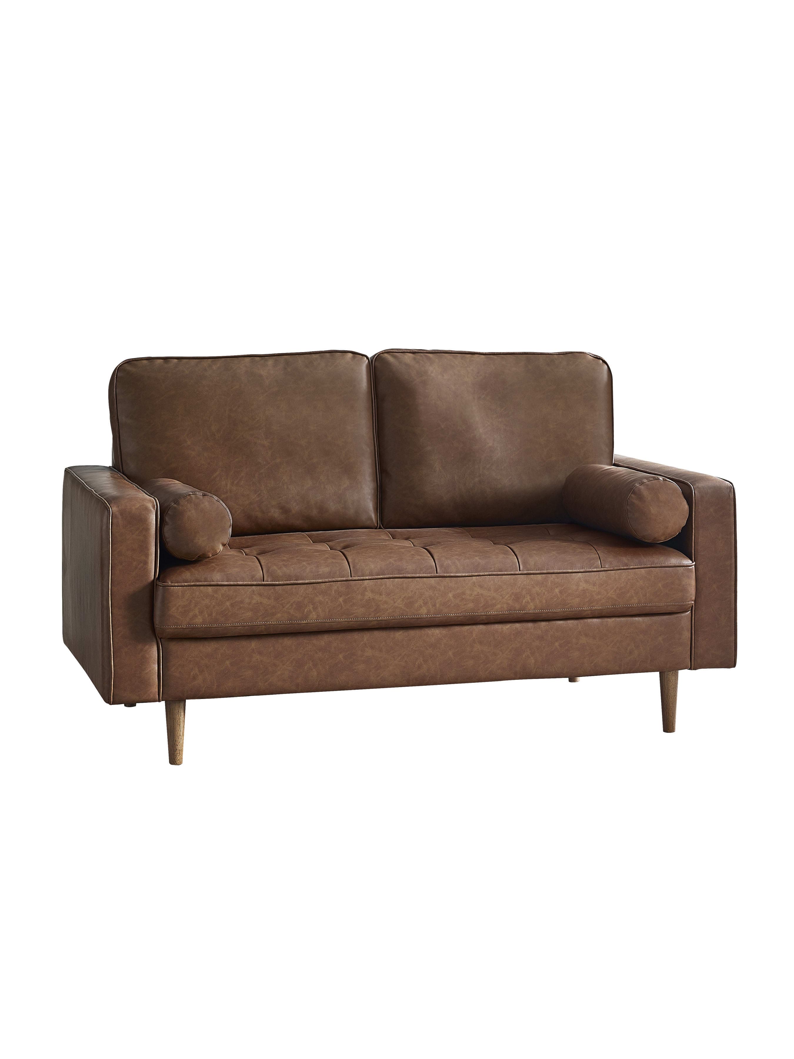 Brown tan faux leather Henley 2-seater sofa with bolster cushions from Julian Bowen, showcasing a modern furniture design.