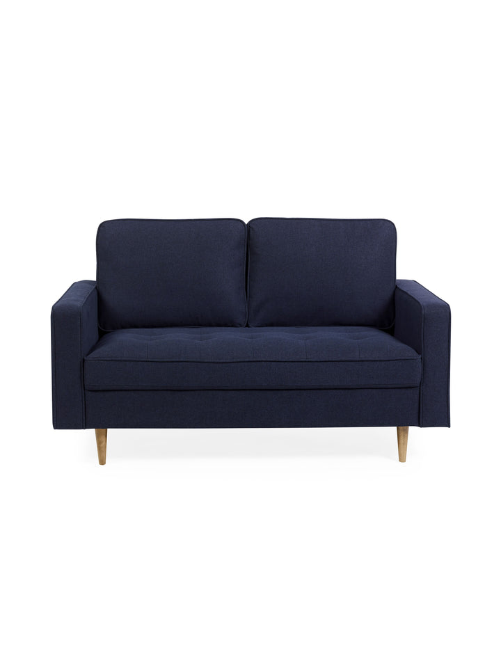 Deep blue linen upholstered 2-seater sofa by Julian Bowen with plush cushions and modern furniture design.