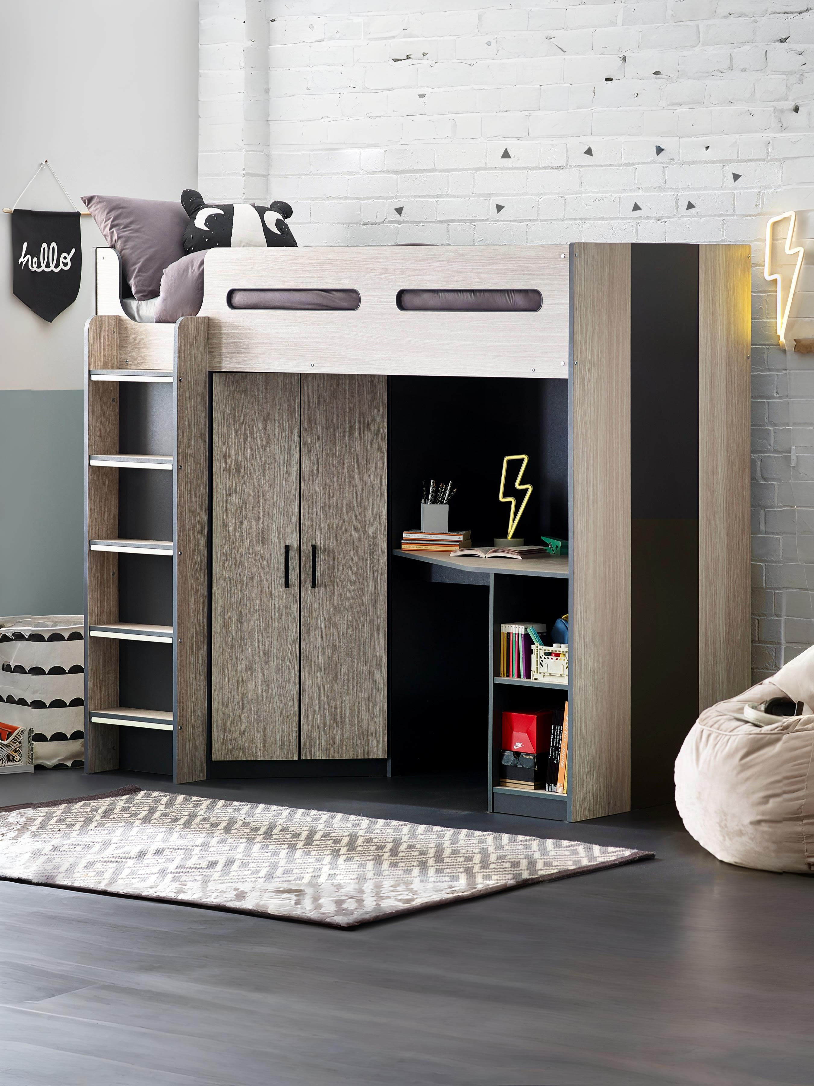 Hercules Highsleeper Bed Single 90cm with Desk - Light Wood Effect & Anthracite HER011