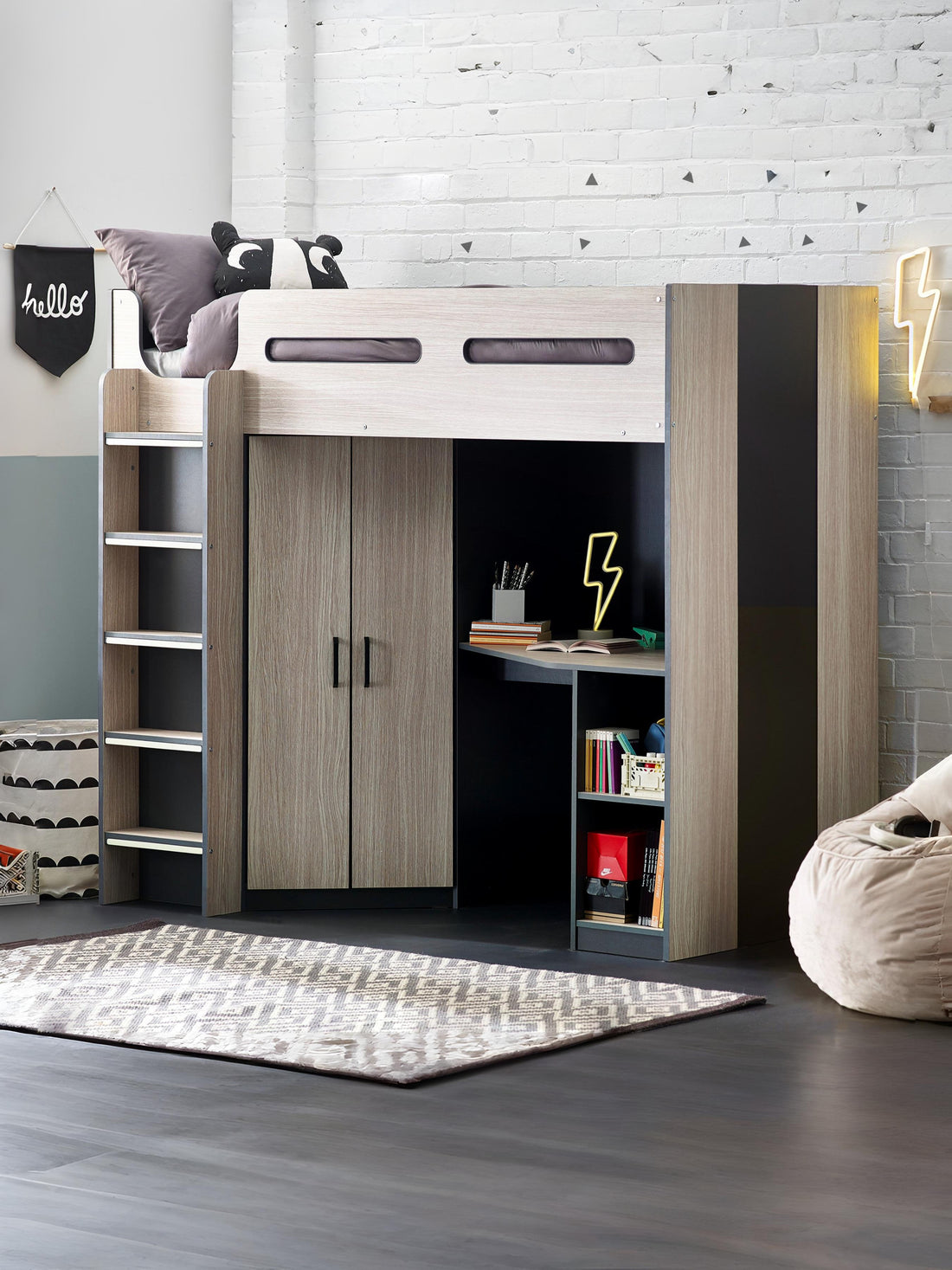 Hercules Highsleeper Bed Single 90cm with Desk - Light Wood Effect & Anthracite HER011