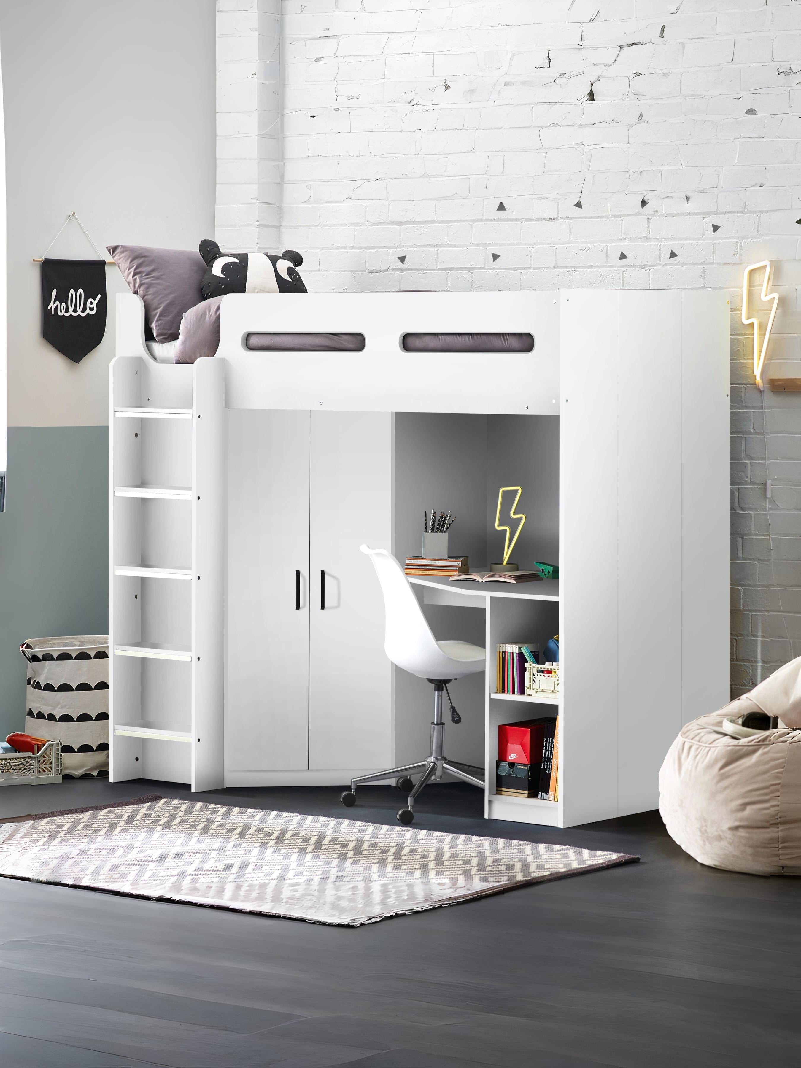 Hercules 90cm Single Highsleeper Loft Bed with Desk - White HER013