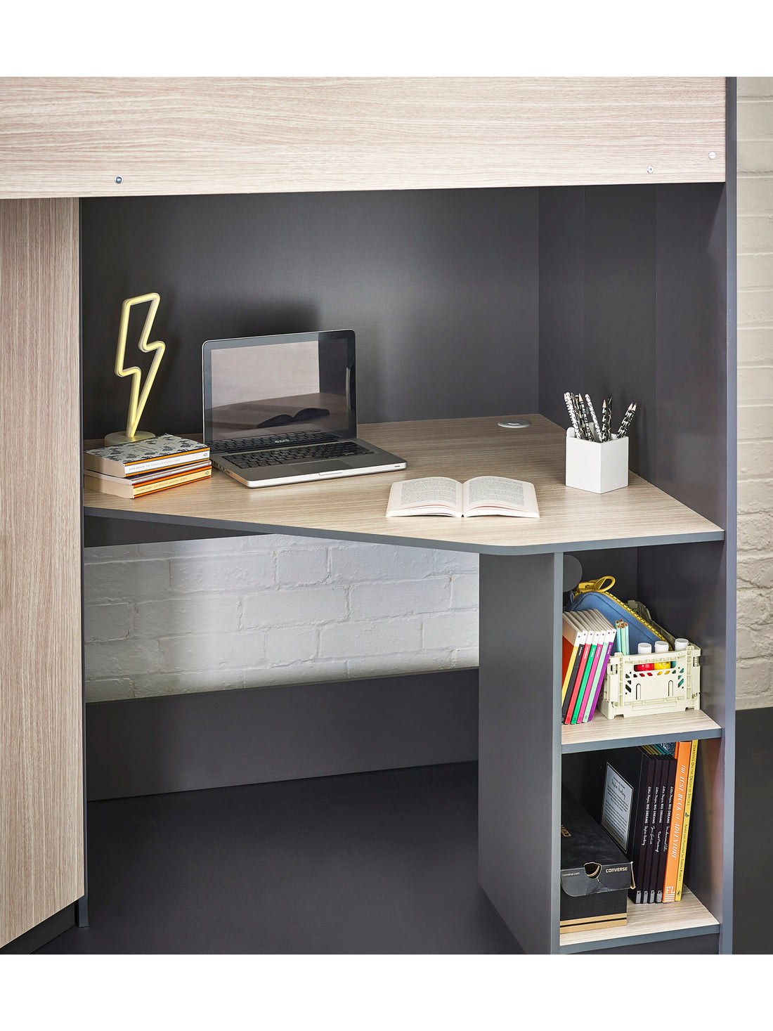 Hercules Highsleeper Bed Single 90cm with Desk - Light Wood Effect & Anthracite HER011