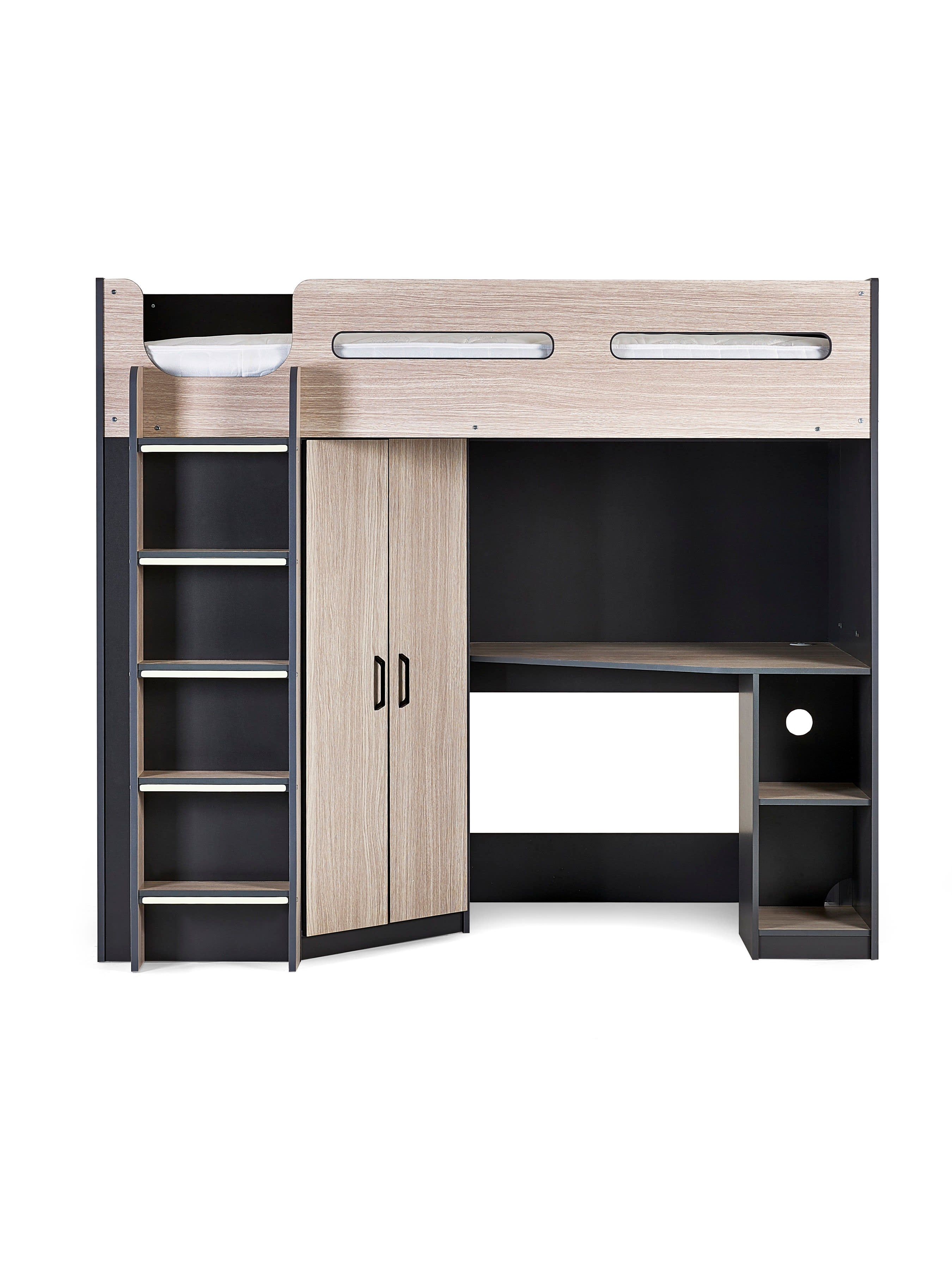 Hercules Highsleeper Bed Single 90cm with Desk - Light Wood Effect & Anthracite HER011