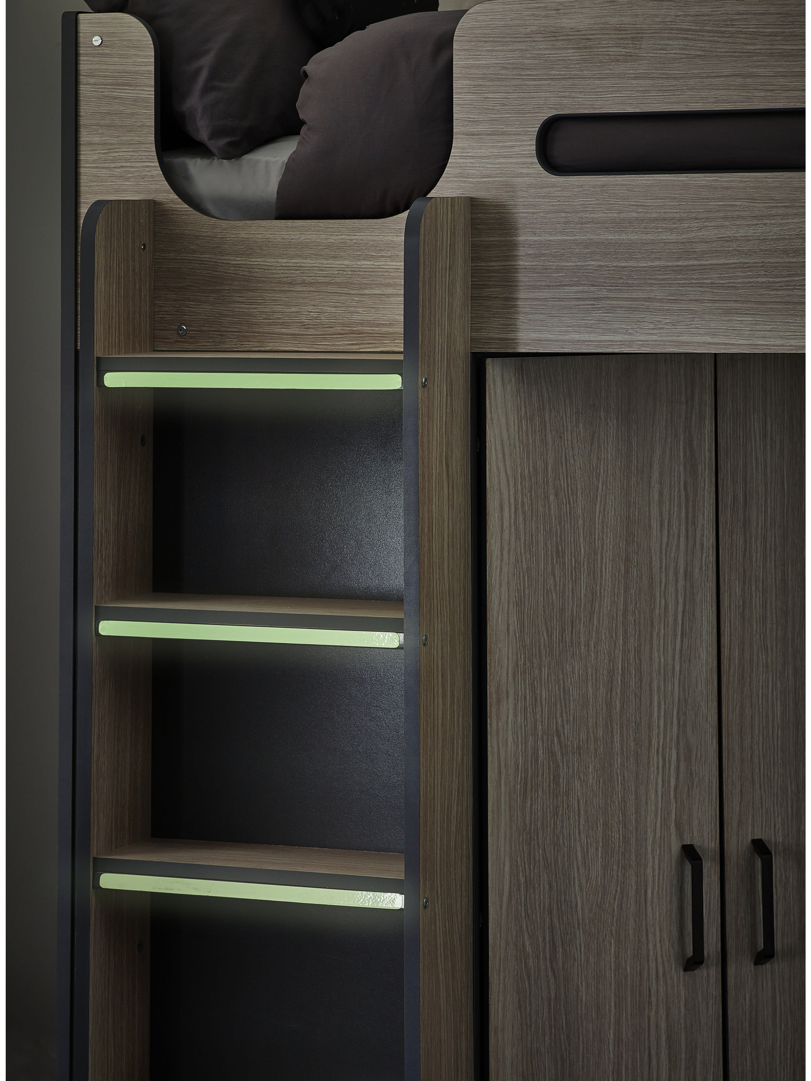 Hercules Highsleeper Bed Single 90cm with Desk - Light Wood Effect & Anthracite HER011
