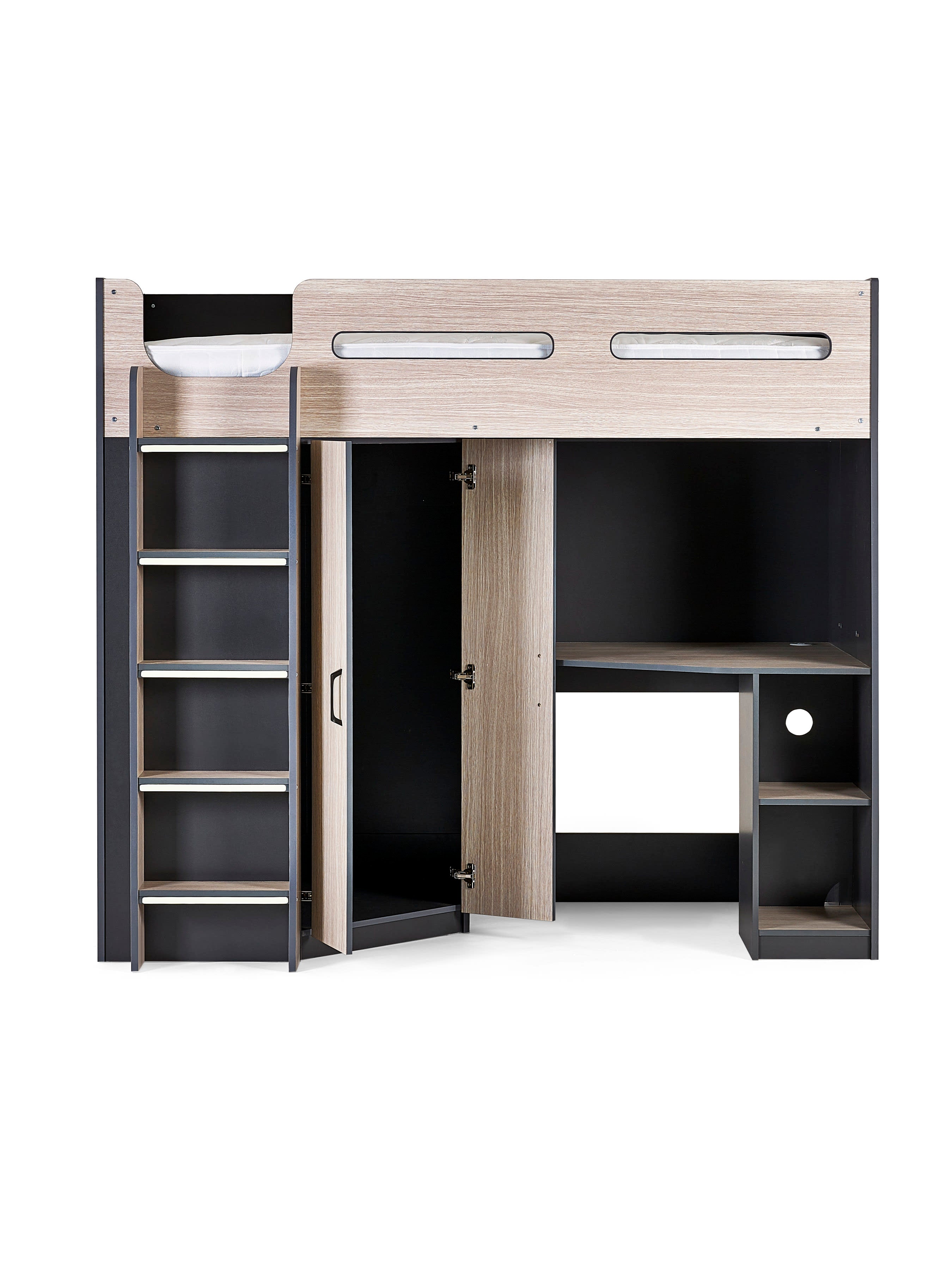 Hercules Highsleeper Bed Single 90cm with Desk - Light Wood Effect & Anthracite HER011