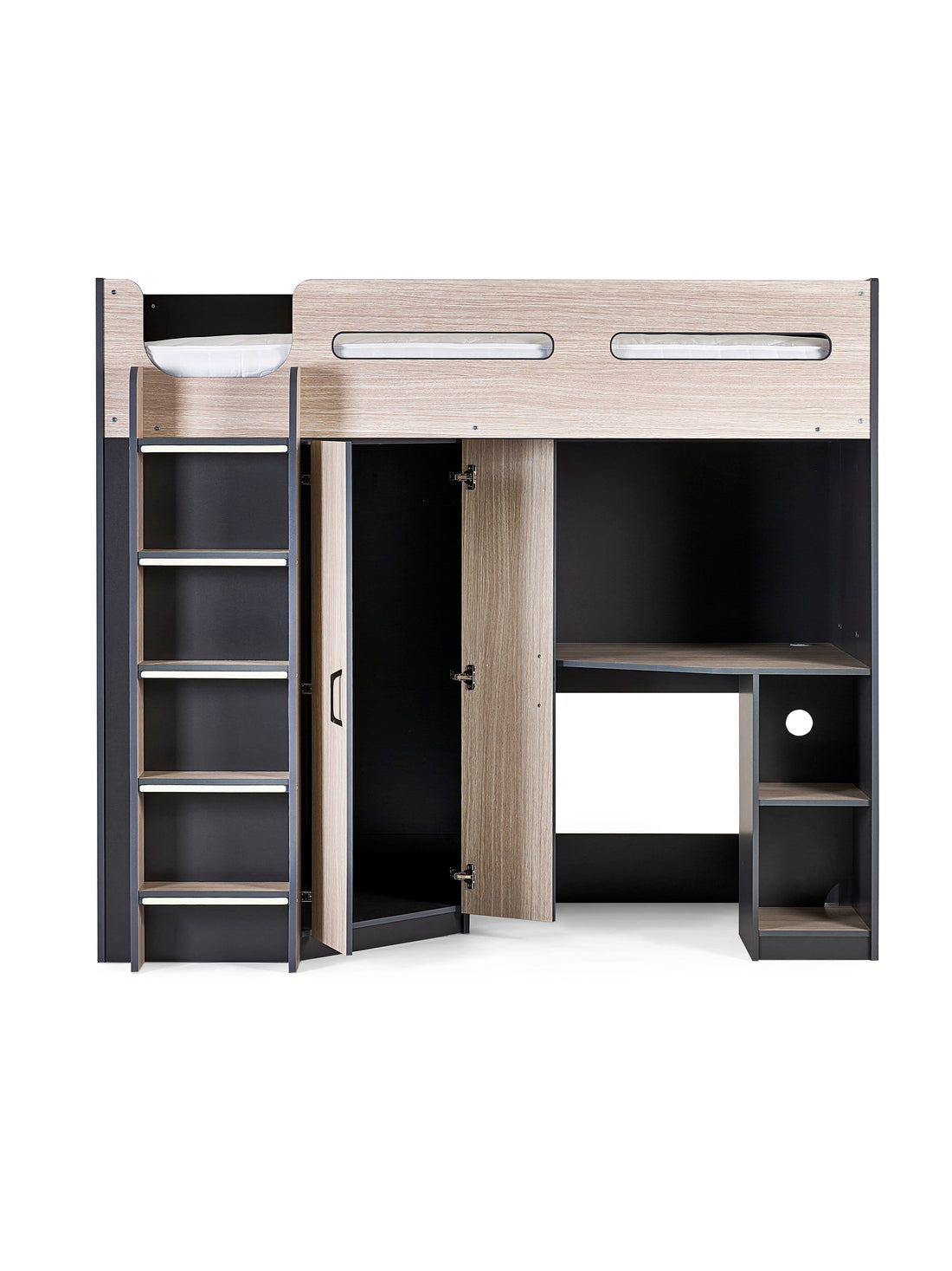 Hercules Highsleeper Bed Single 90cm with Desk - Light Wood Effect & Anthracite HER011