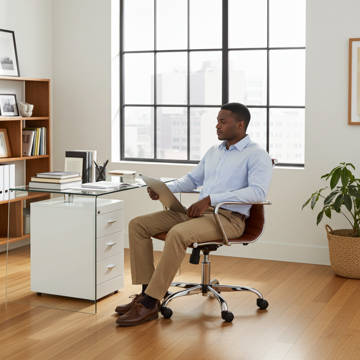 Hornet Desk with 3 Drawers Glass White HORNDESK - Havenheim Furniture