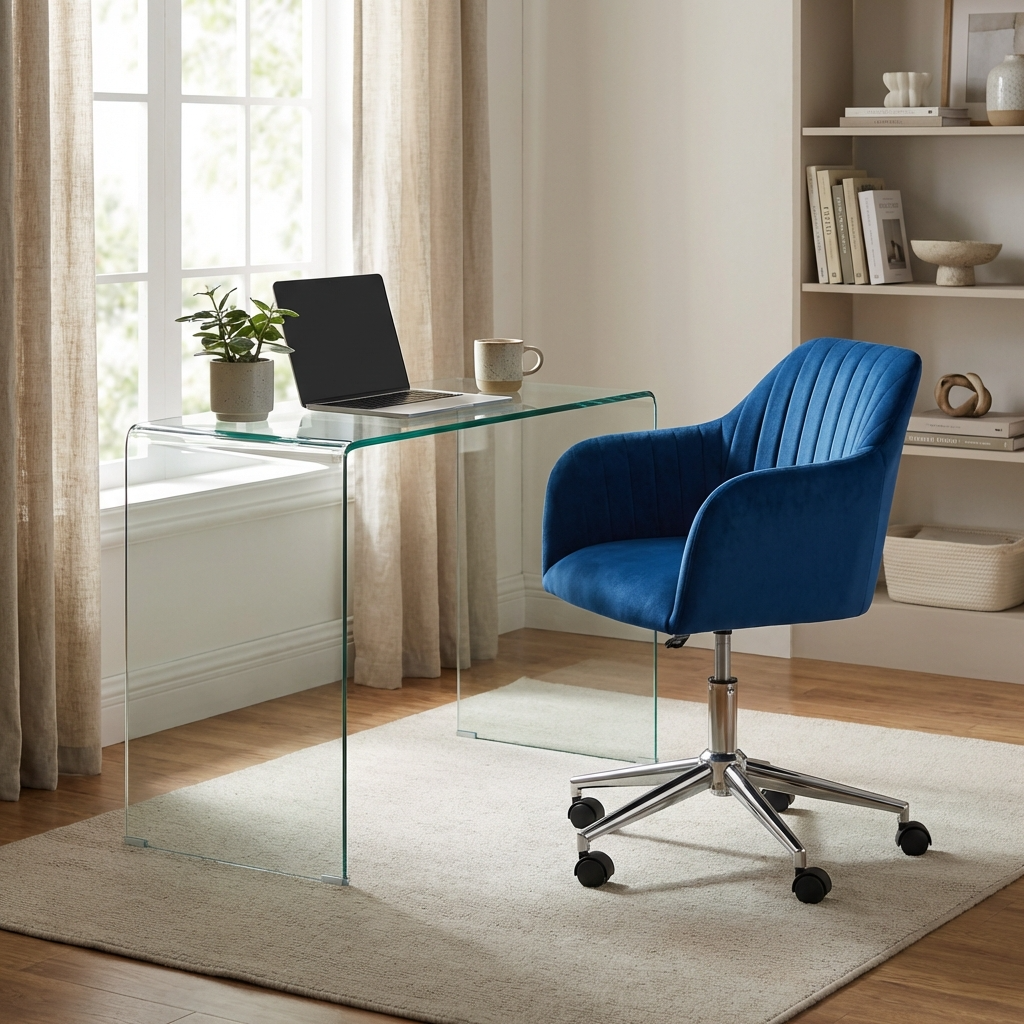 Kahlo Velvet Swivel Office Chair- Blue/Chrome KAH001 - Havenheim Furniture
