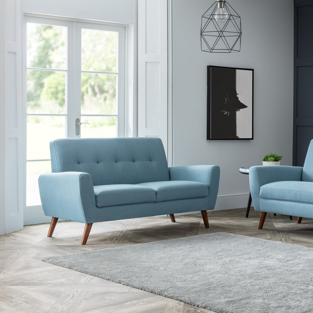 MONZA 2 SEATER COMPACT RETRO SOFA - BLUE Timber Frame With Foam And Fabric Upholstery MON511 - Havenheim Furniture