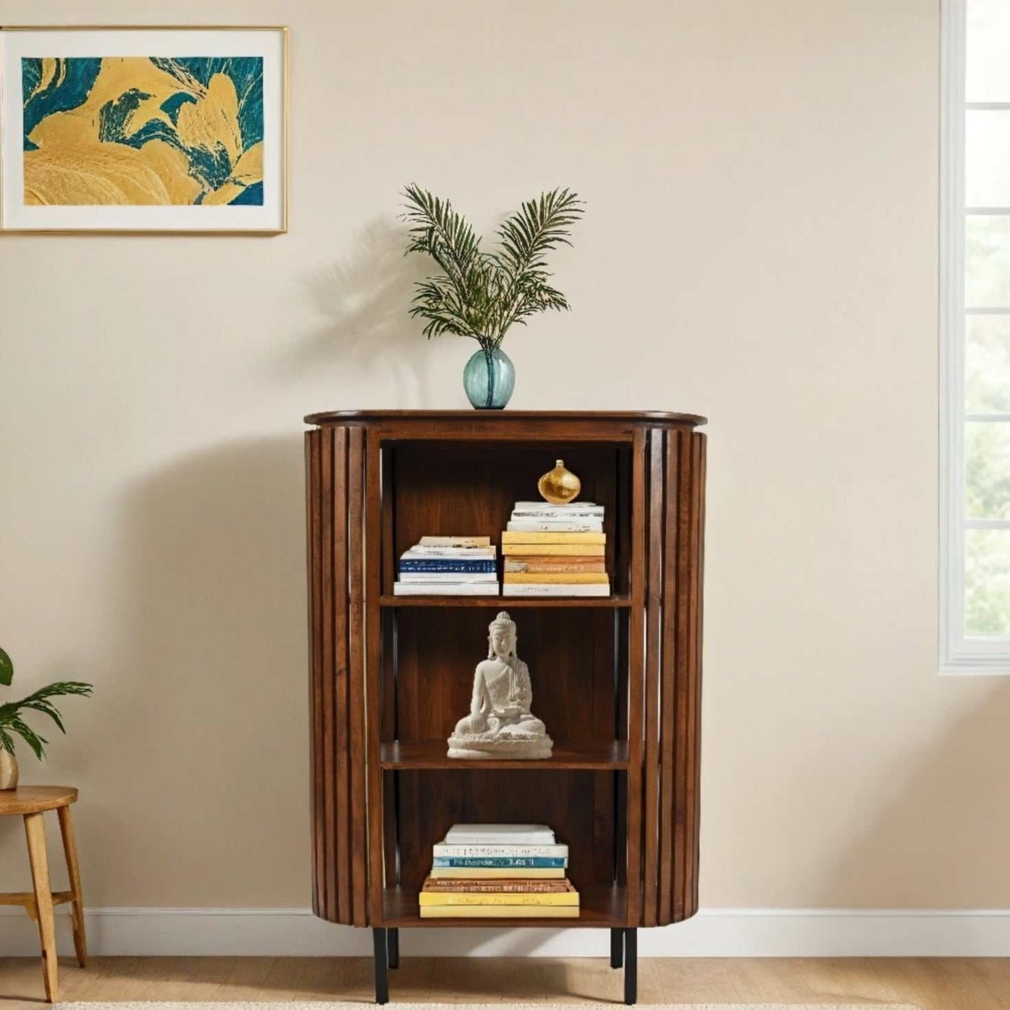 Slatted Mango Wood Bookcase Walnut Veneer MS07 - Havenheim Furniture