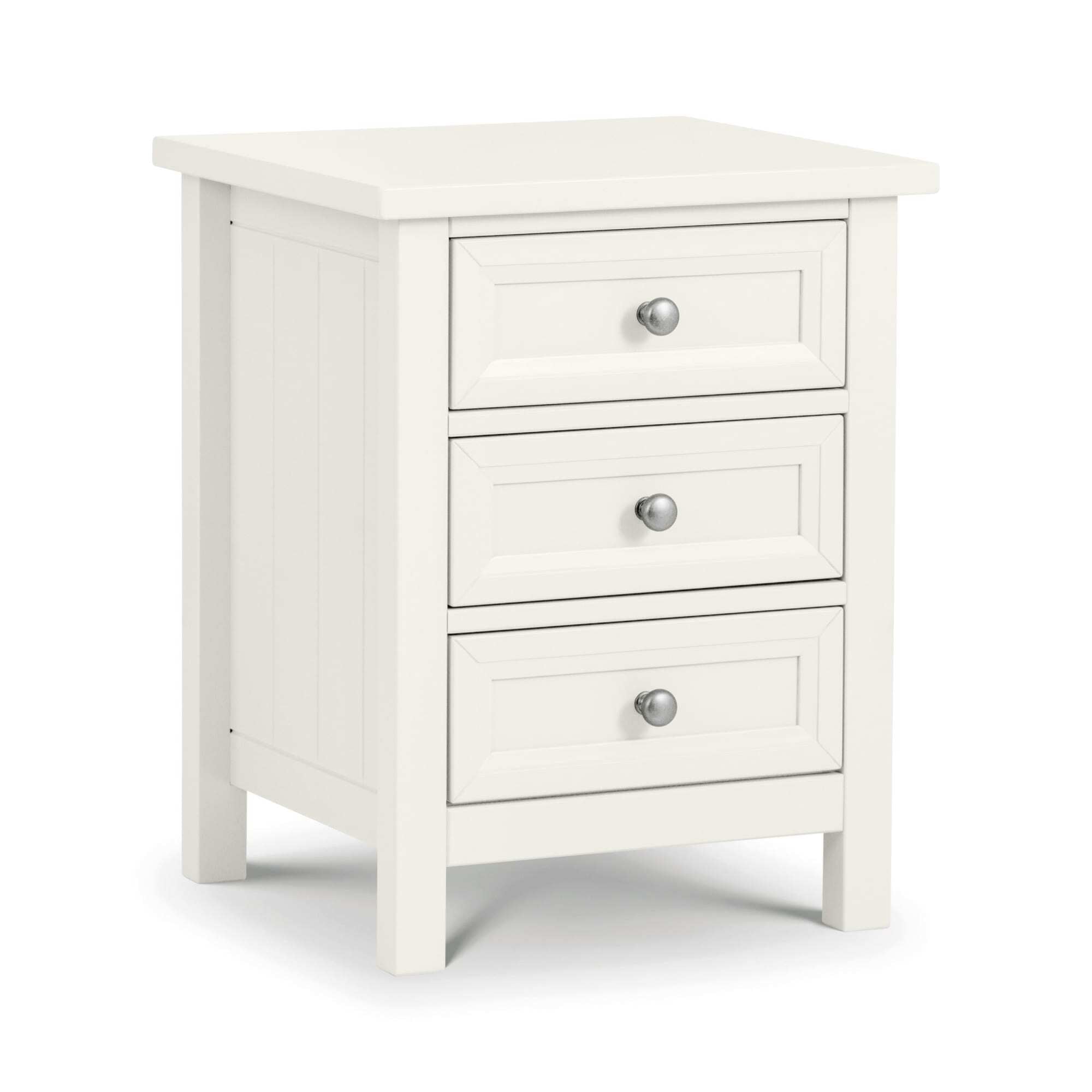 White nightstand with three drawers on a white background