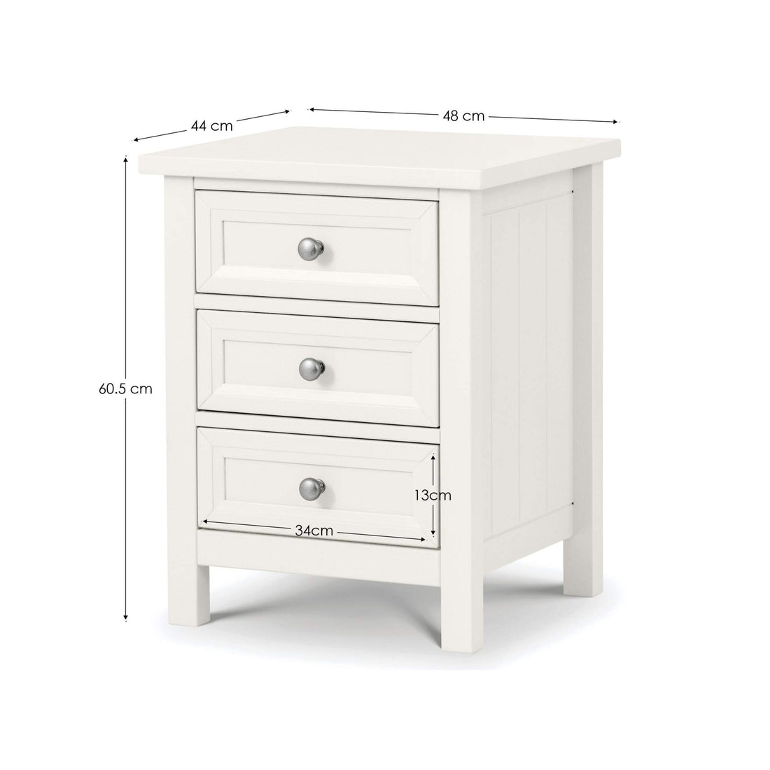 White 3 drawer nightstand with dimensions labeled on a white background