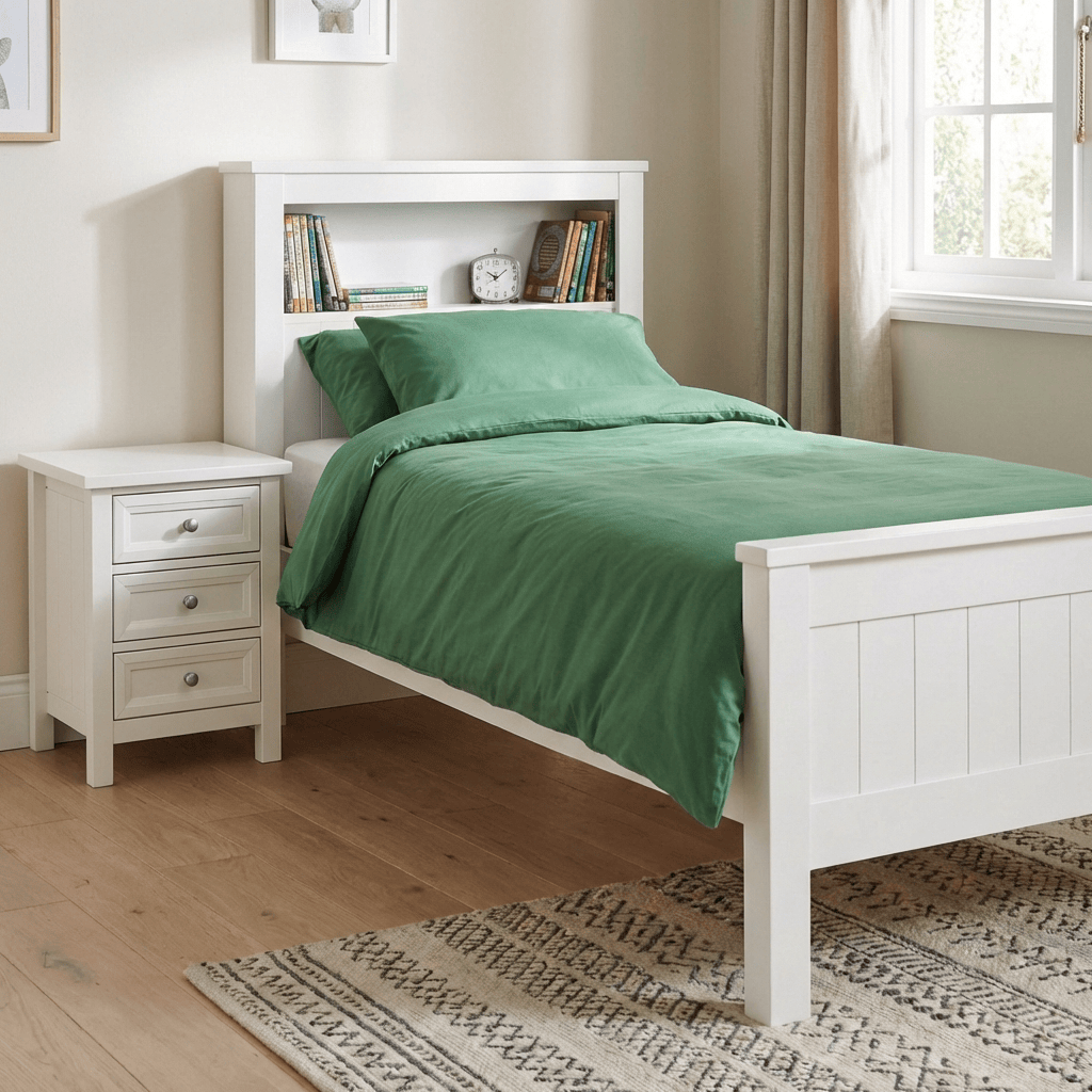 White bookcase bed with green bedding in a bedroom setting