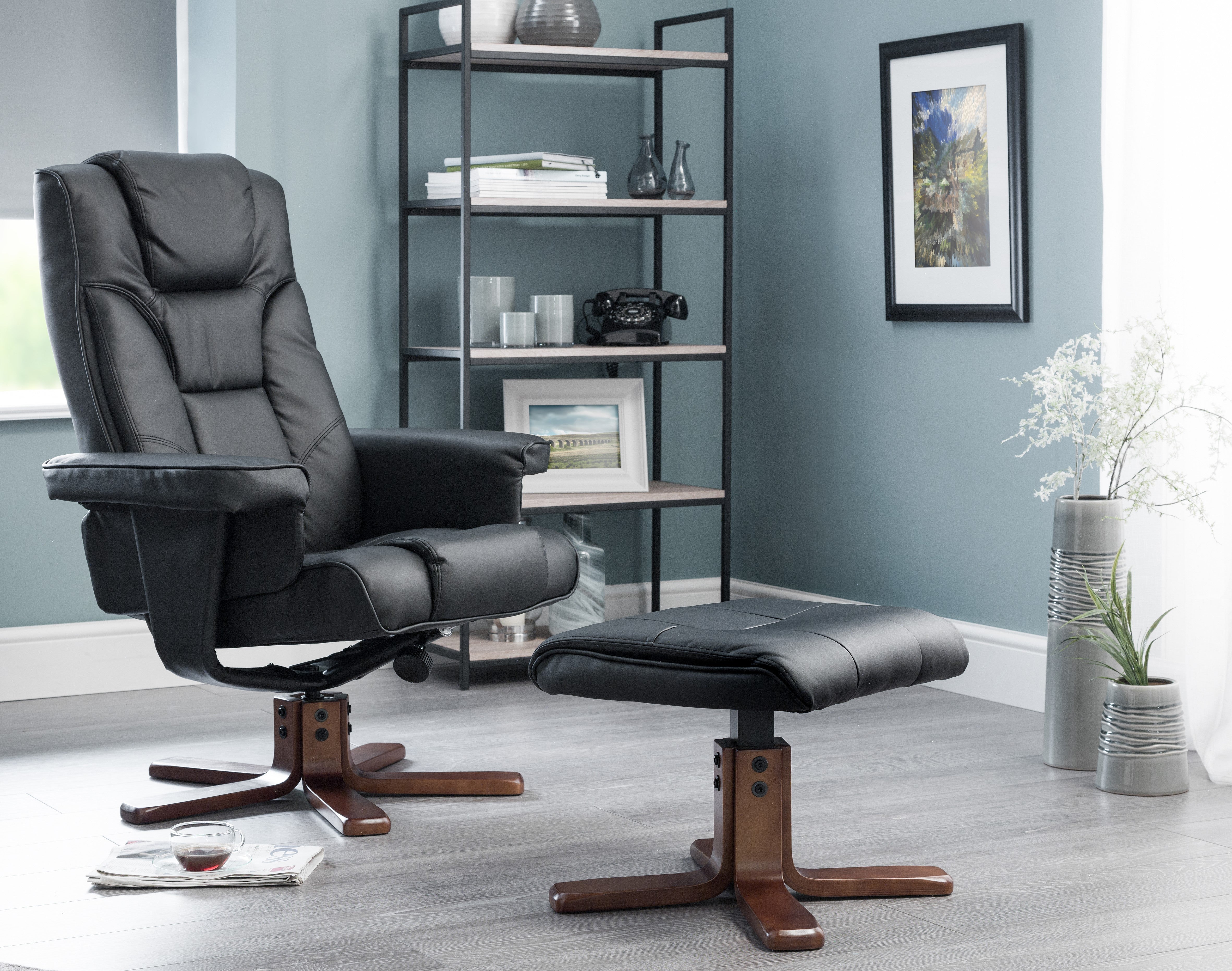 Malmo Swivel Recliner & Stool Faux Leather - Black MAL003 - Havenheim Furniture