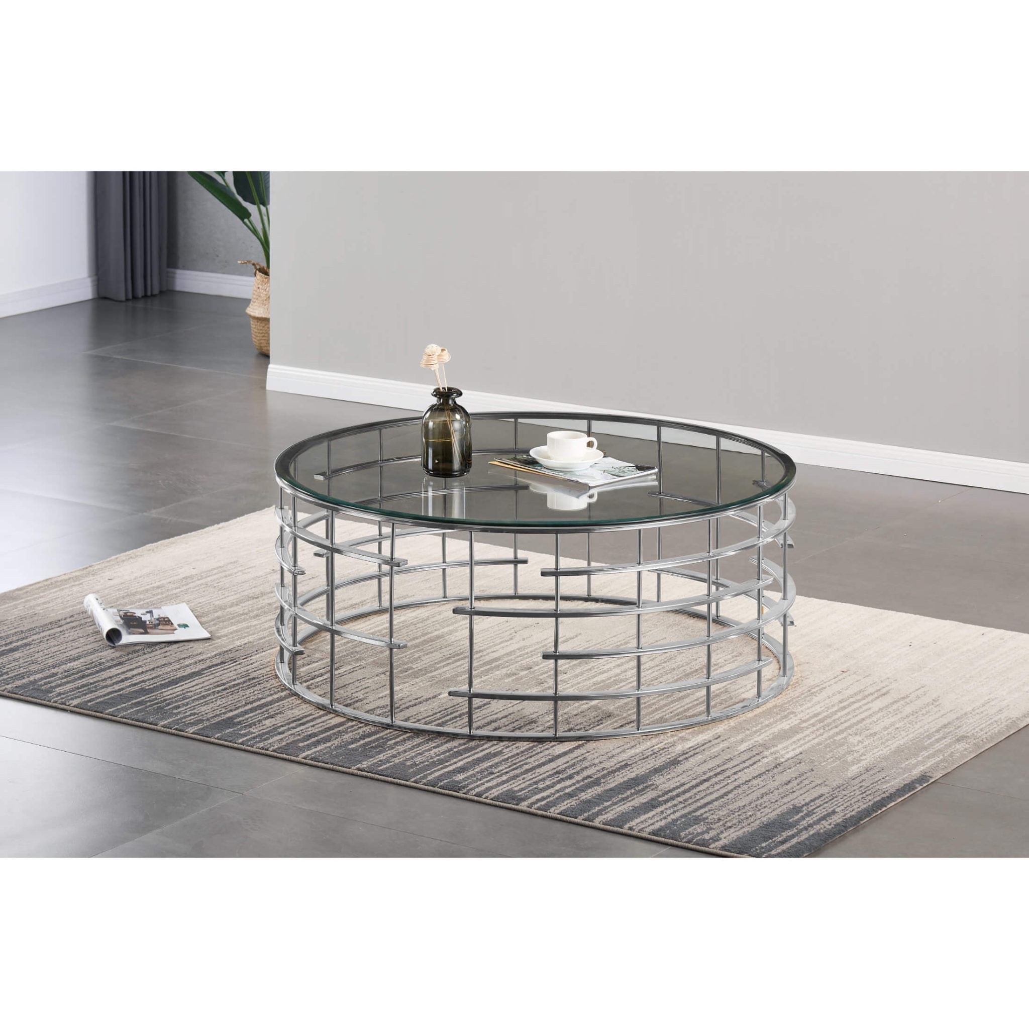 Missouri Round Coffee Table Clear Glass & Silver Frame MISSCOFF - Havenheim Furniture