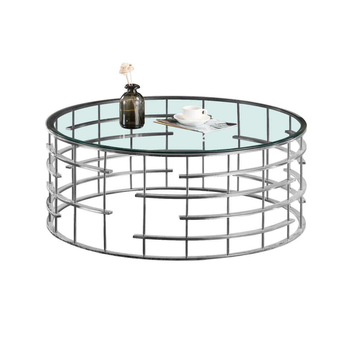 Missouri Round Coffee Table Clear Glass & Silver Frame MISSCOFF - Havenheim Furniture