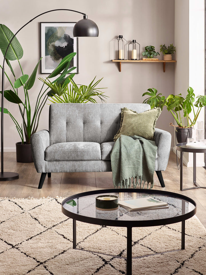 Dove grey Monza 2 seater sofa by Julian Bowen in a modern living room setting with plush chenille upholstery.
