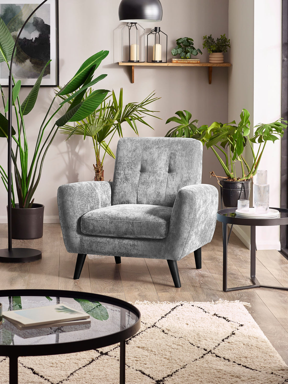 Dove grey Monza Compact Retro chair by Julian Bowen with plush chenille upholstery, stylish and comfortable seating for modern spaces.