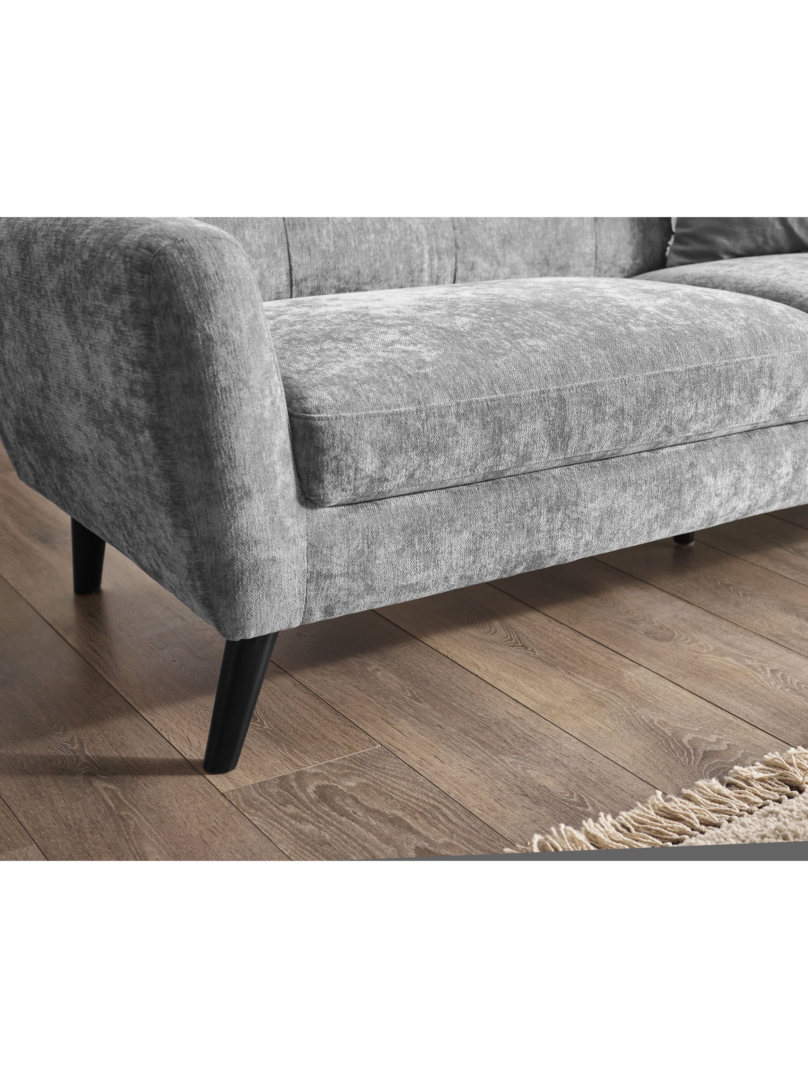 Close-up of Julian Bowen Monza 3-seater sofa in dove grey chenille fabric with wooden legs.