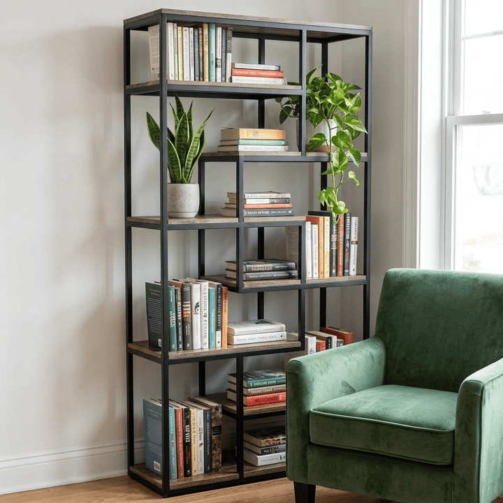 Multi Shelf Industrial Shelf Unit Metal Wood Black 19987 - Havenheim Furniture