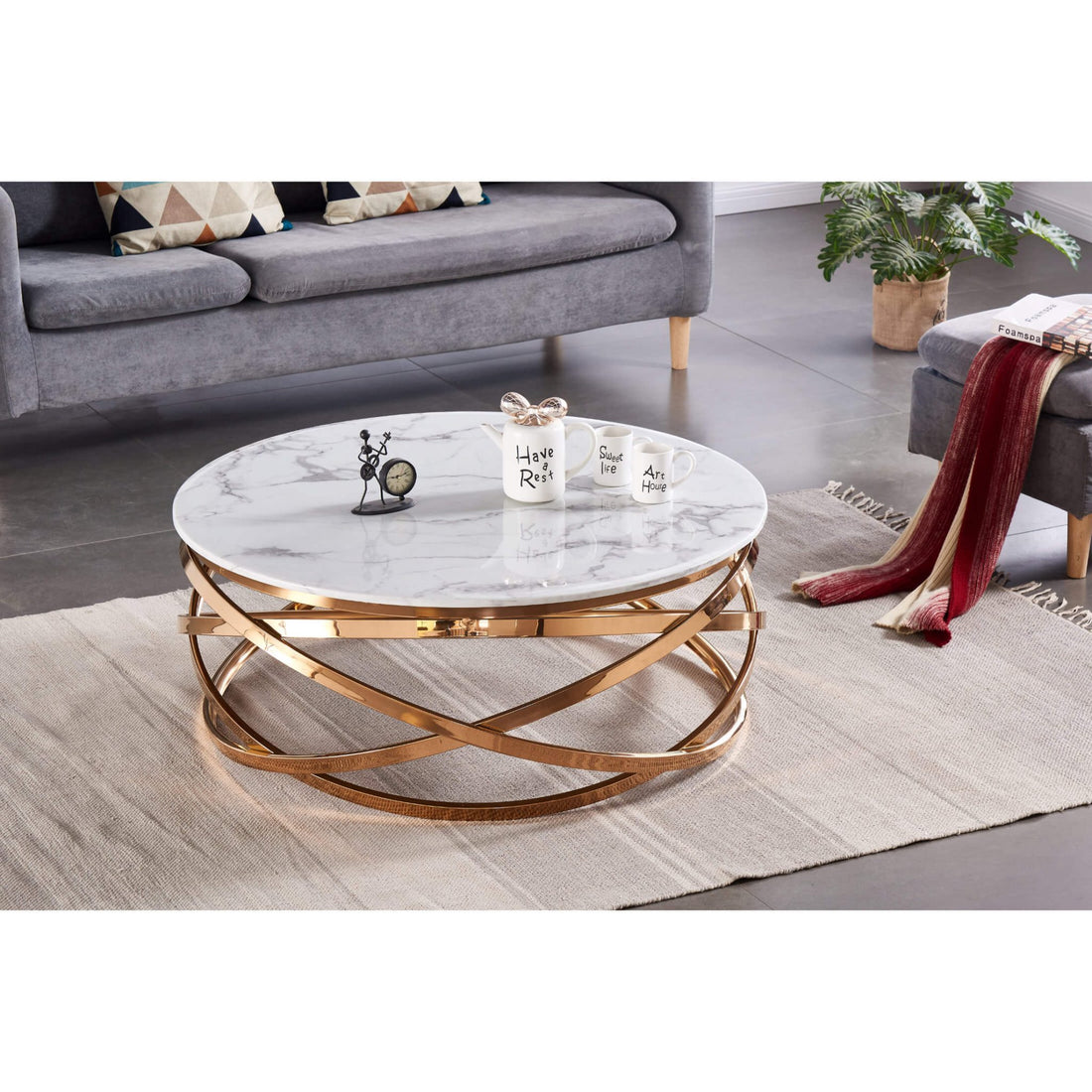 Nabraska Round Marble Coffee Table with Rose Gold Frame NABRCOFF - Havenheim Furniture