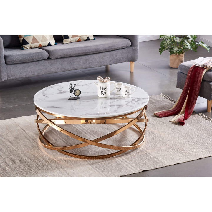 Nabraska Round Marble Coffee Table with Rose Gold Frame NABRCOFF - Havenheim Furniture