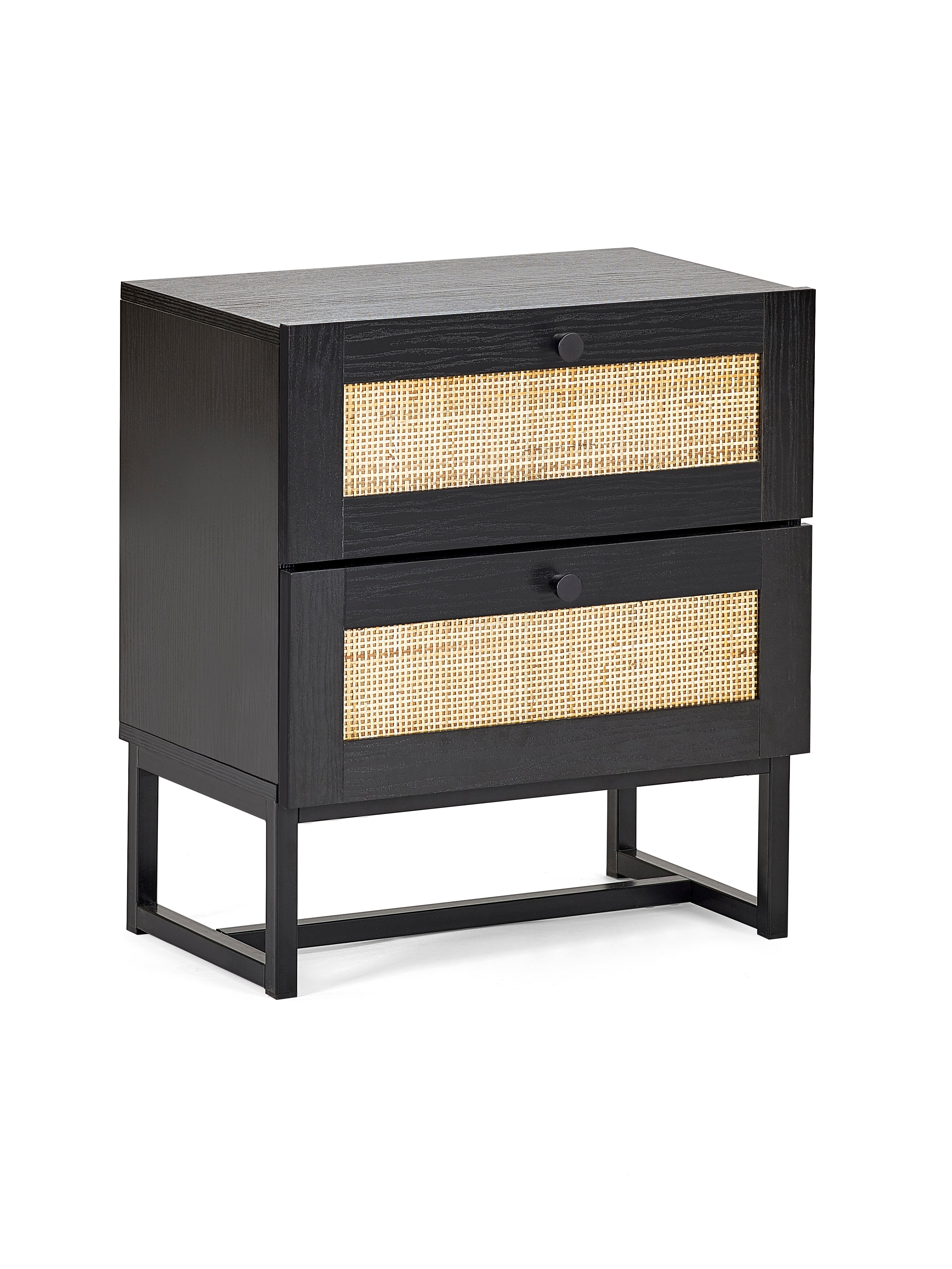 PADSTOW 2 DRAWER BEDSIDE - BLACK Melamine With Rattan Front & Metal Base PAD101 - Havenheim Furniture