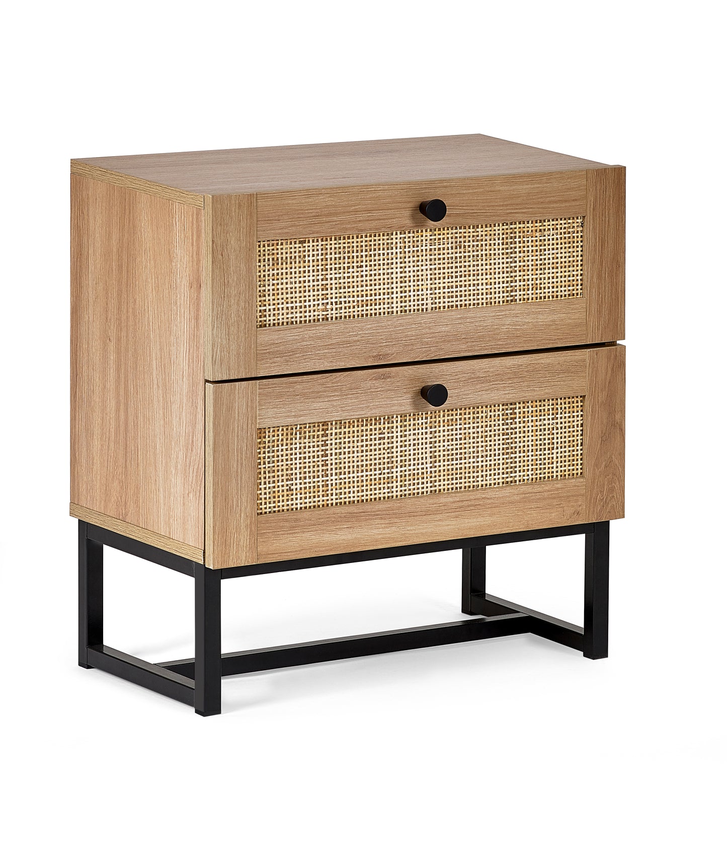 PADSTOW 2 DRAWER BEDSIDE - OAK Melamine With Rattan Front & Metal Base PAD001 - Havenheim Furniture