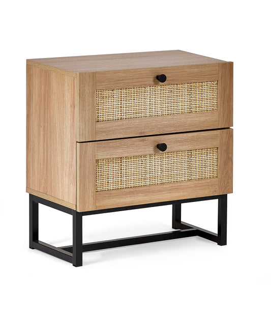 PADSTOW 2 DRAWER BEDSIDE - OAK Melamine With Rattan Front & Metal Base PAD001