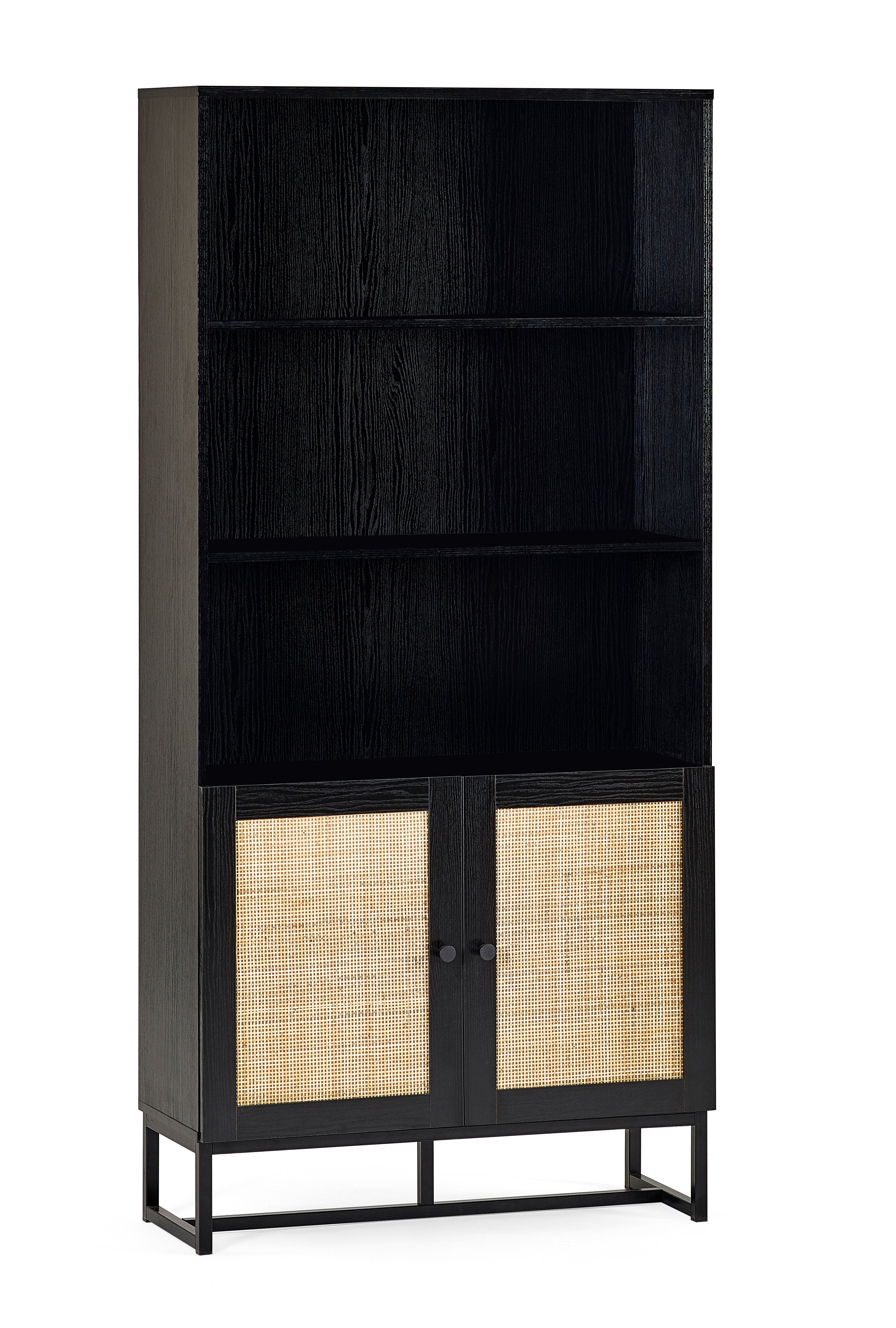 PADSTOW TALL BOOKCASE - BLACK Melamine With Rattan Front & Metal Base PAD108 - Havenheim Furniture
