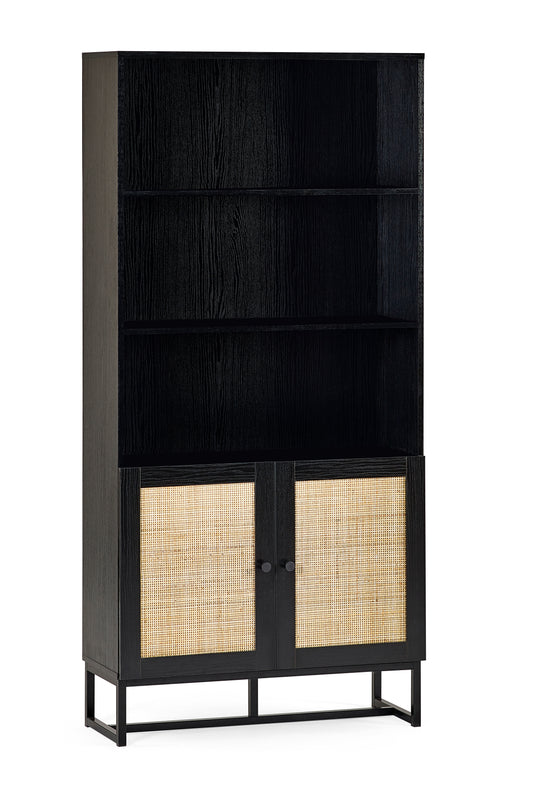 PADSTOW TALL BOOKCASE - BLACK Melamine With Rattan Front & Metal Base PAD108