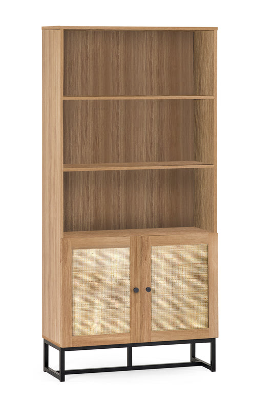 PADSTOW TALL BOOKCASE - OAK Melamine With Rattan Front & Metal Base PAD008