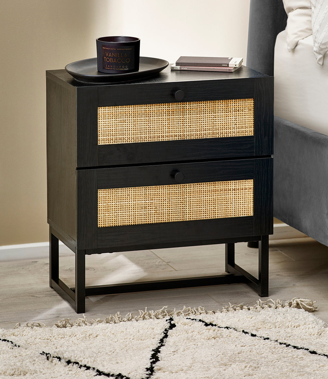 PADSTOW 2 DRAWER BEDSIDE - BLACK Melamine With Rattan Front & Metal Base PAD101 - Havenheim Furniture