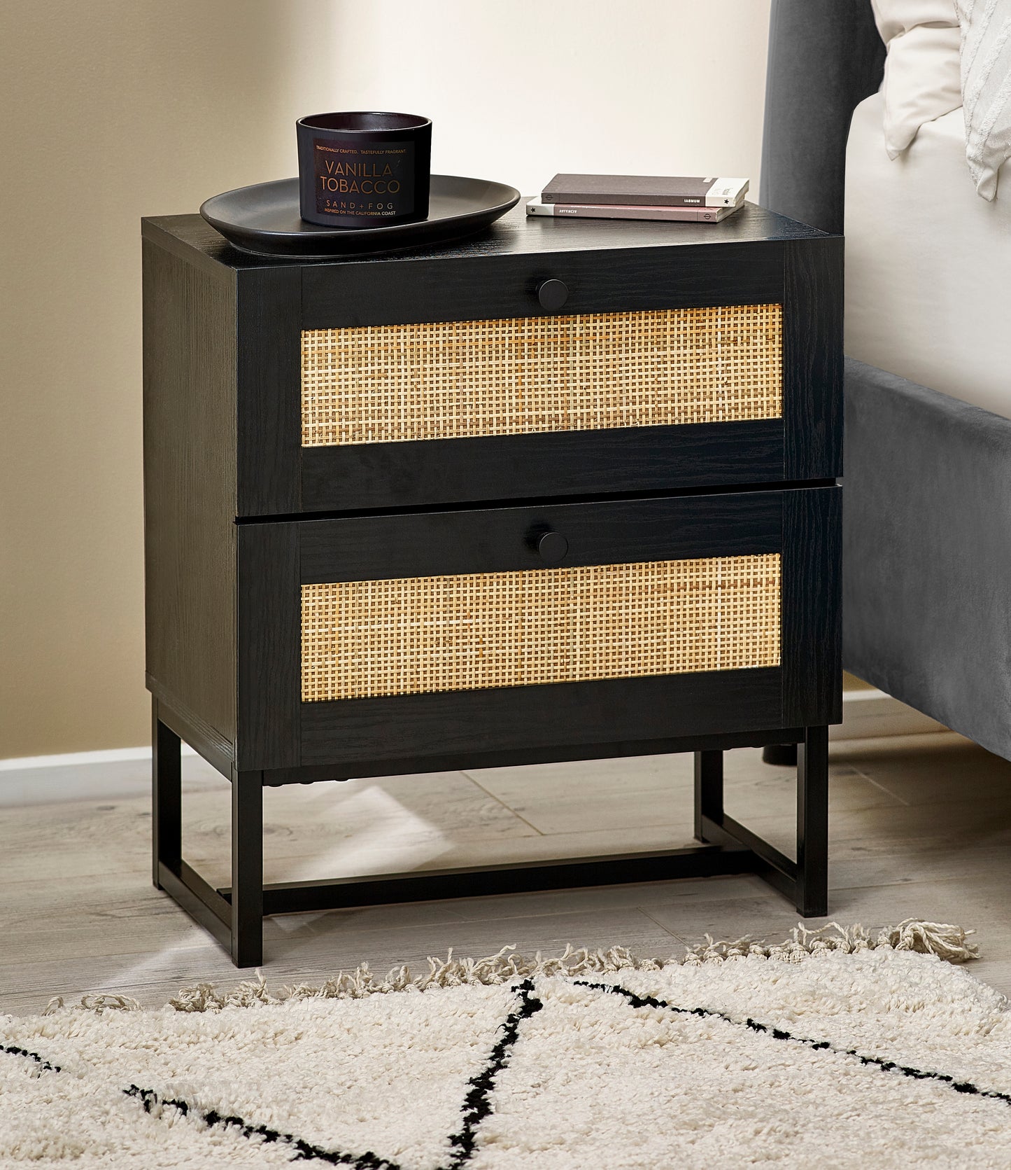 PADSTOW 2 DRAWER BEDSIDE - BLACK Melamine With Rattan Front & Metal Base PAD101