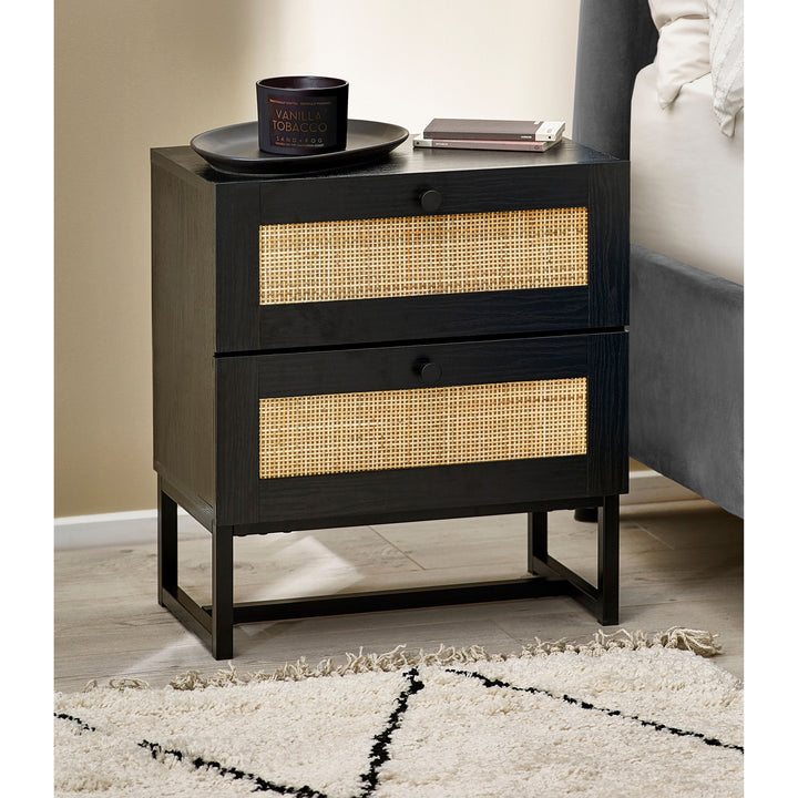 PADSTOW 2 DRAWER BEDSIDE - BLACK Melamine With Rattan Front & Metal Base PAD101 - Havenheim Furniture