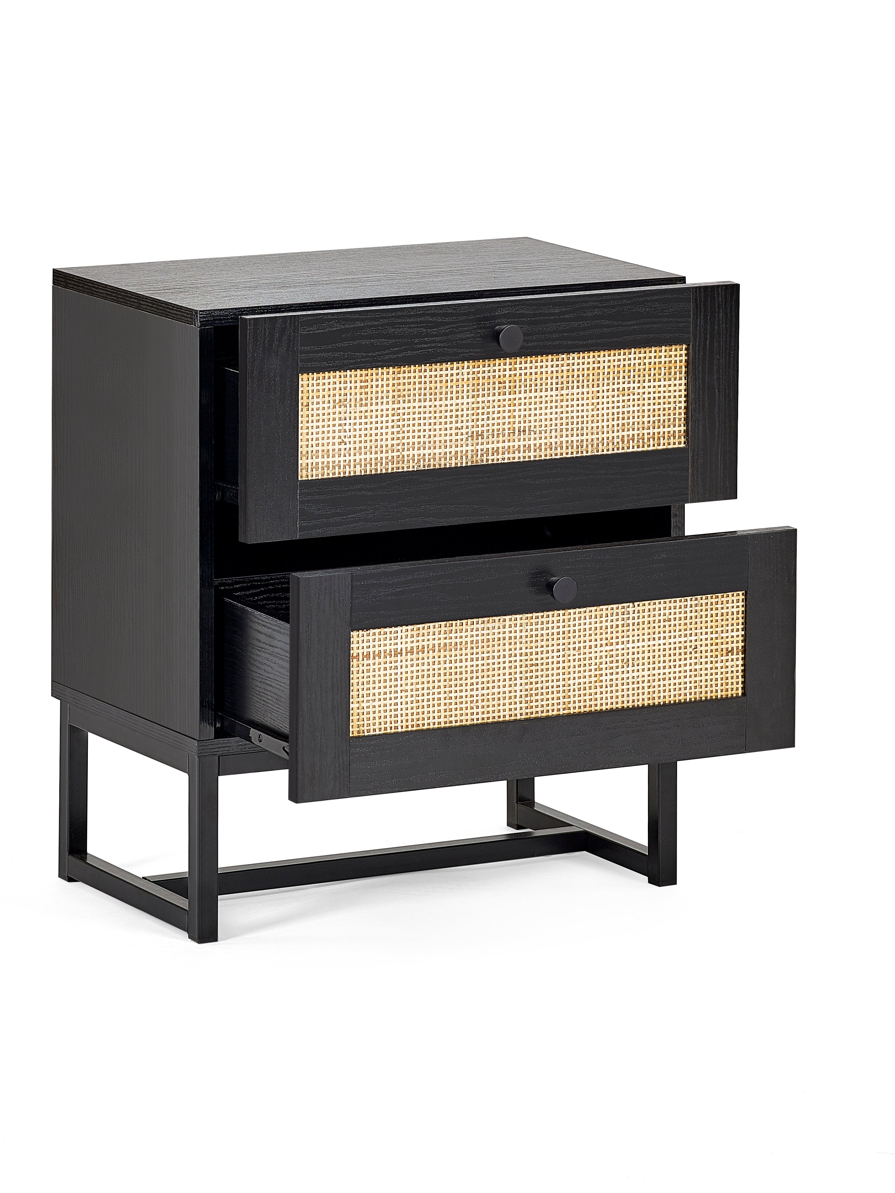 PADSTOW 2 DRAWER BEDSIDE - BLACK Melamine With Rattan Front & Metal Base PAD101 - Havenheim Furniture