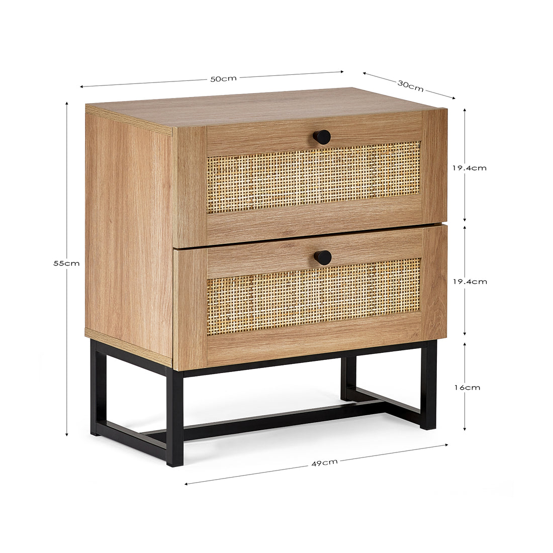 PADSTOW 2 DRAWER BEDSIDE - OAK Melamine With Rattan Front & Metal Base PAD001 - Havenheim Furniture