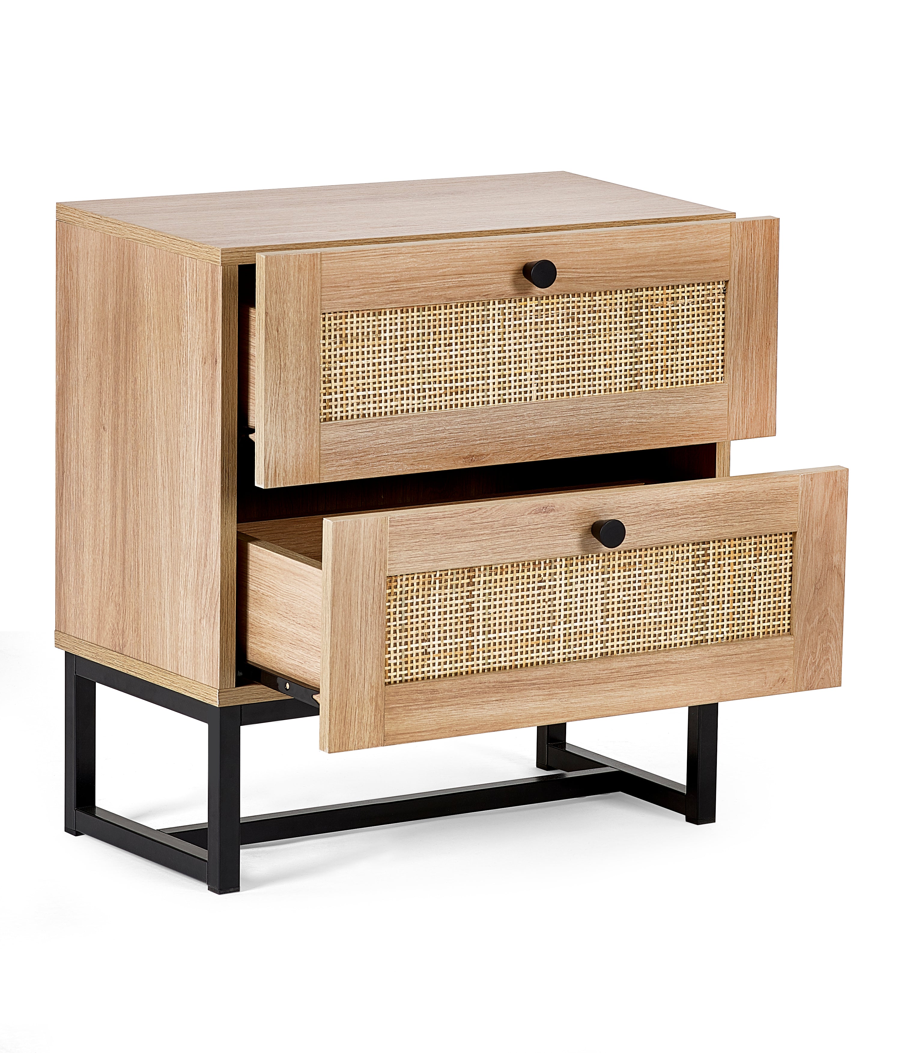 PADSTOW 2 DRAWER BEDSIDE - OAK Melamine With Rattan Front & Metal Base PAD001 - Havenheim Furniture