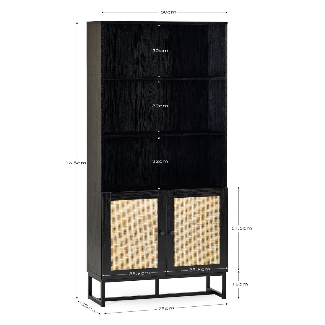 PADSTOW TALL BOOKCASE - BLACK Melamine With Rattan Front & Metal Base PAD108 - Havenheim Furniture