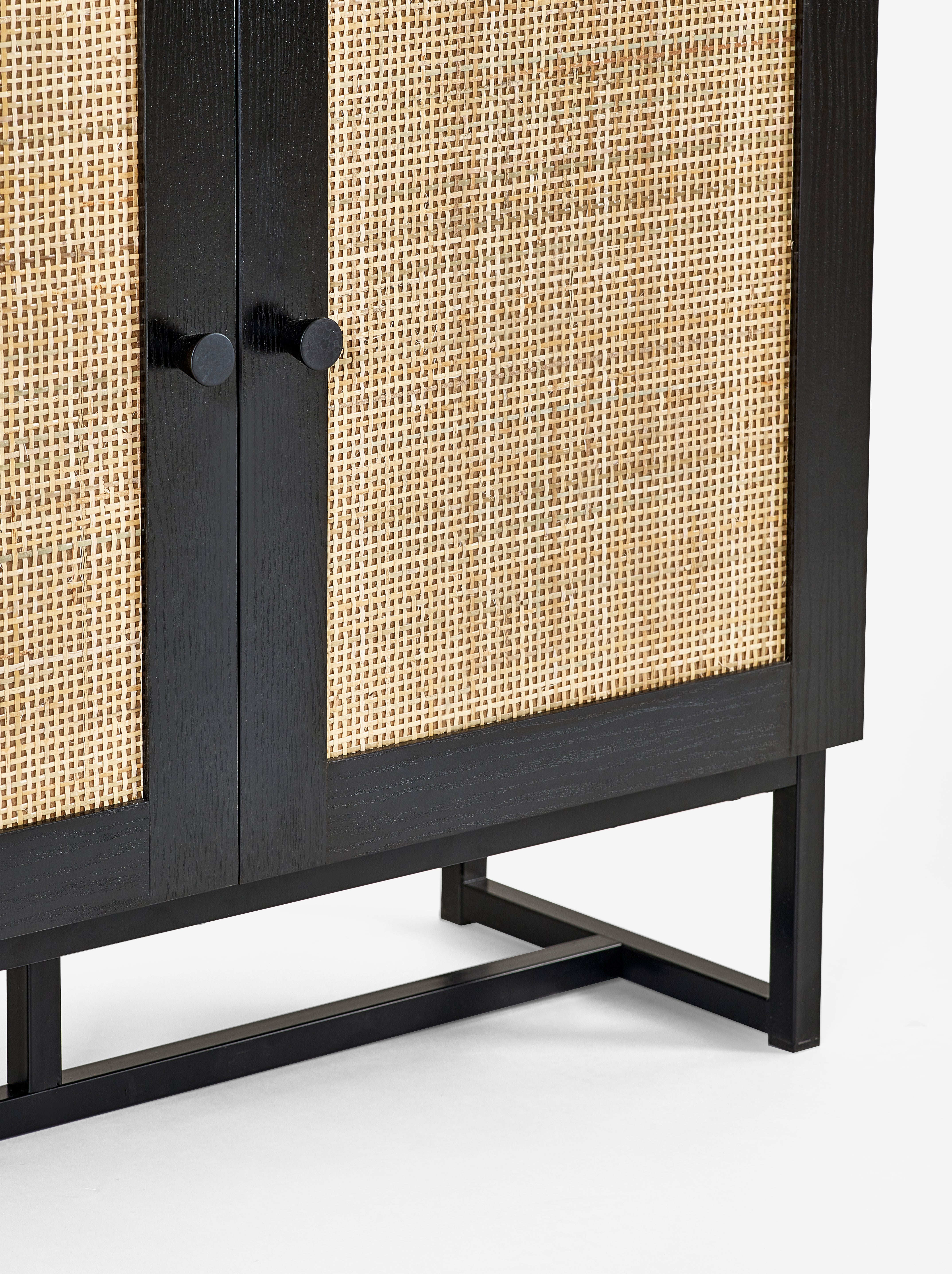 PADSTOW TALL BOOKCASE - BLACK Melamine With Rattan Front & Metal Base PAD108 - Havenheim Furniture