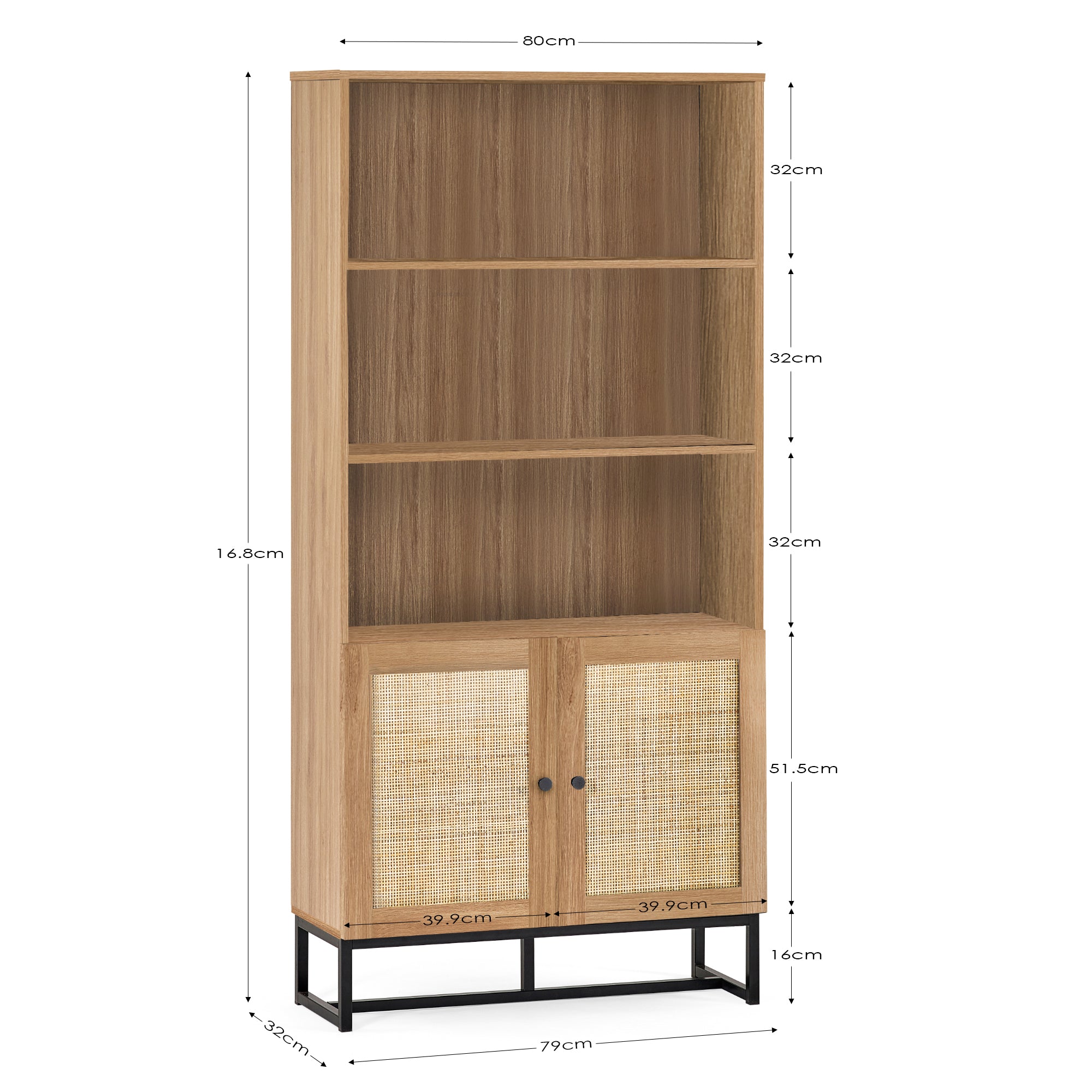 PADSTOW TALL BOOKCASE - OAK Melamine With Rattan Front & Metal Base PAD008 - Havenheim Furniture