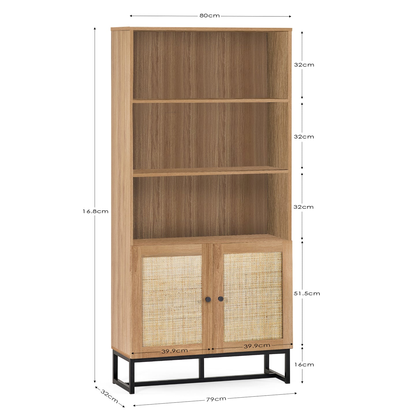 PADSTOW TALL BOOKCASE - OAK Melamine With Rattan Front & Metal Base PAD008