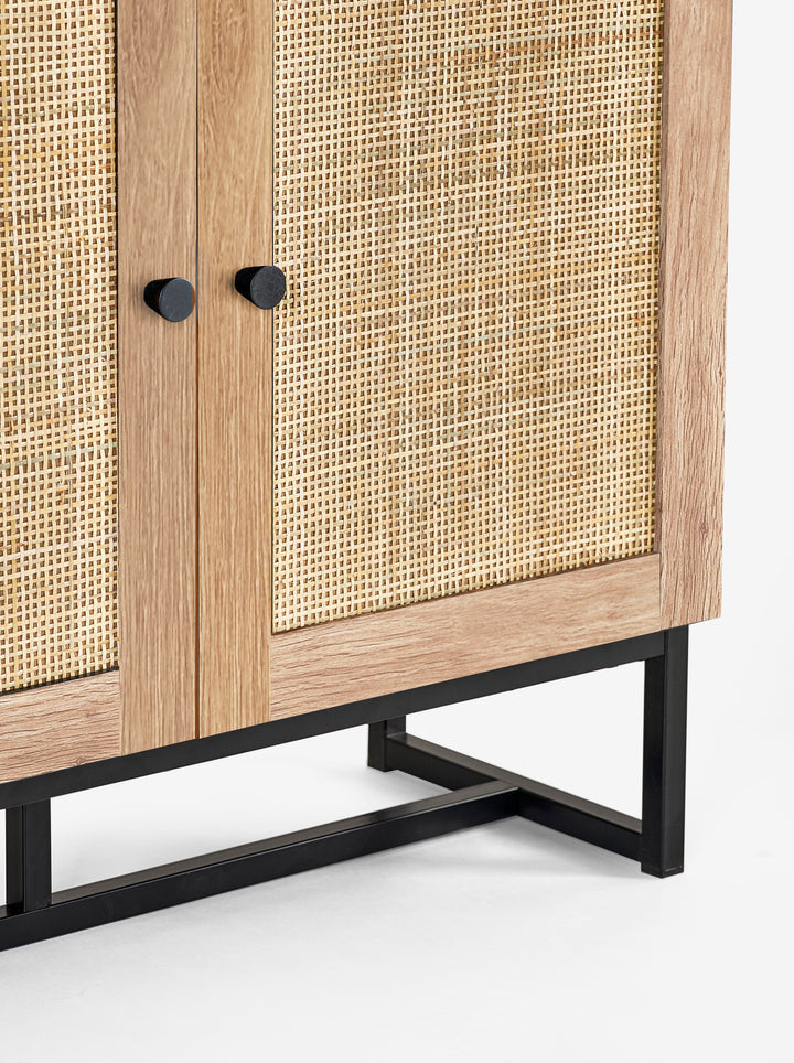 PADSTOW TALL BOOKCASE - OAK Melamine With Rattan Front & Metal Base PAD008 - Havenheim Furniture