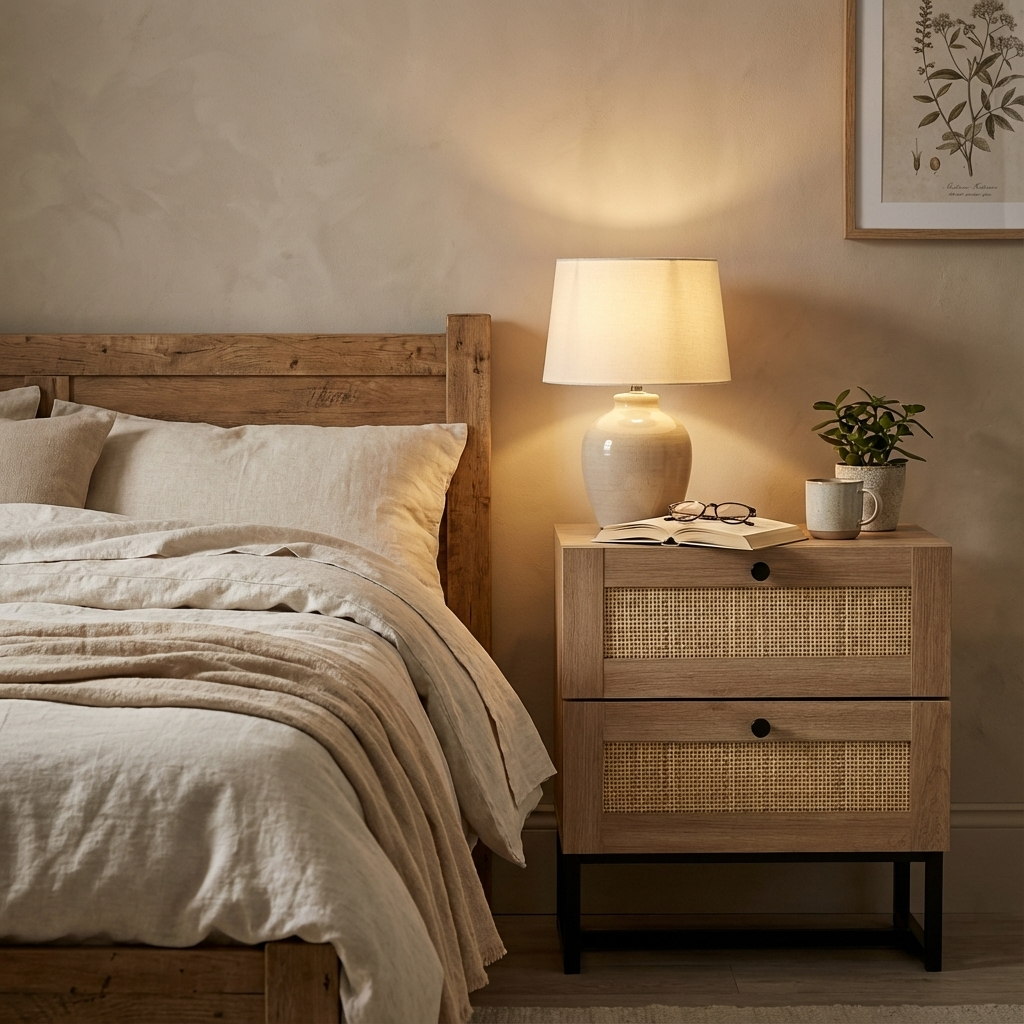 Padstow 2 Drawer Bedside - Oak Melamine With Rattan Front & Black Metal Base PAD001 - Havenheim Furniture