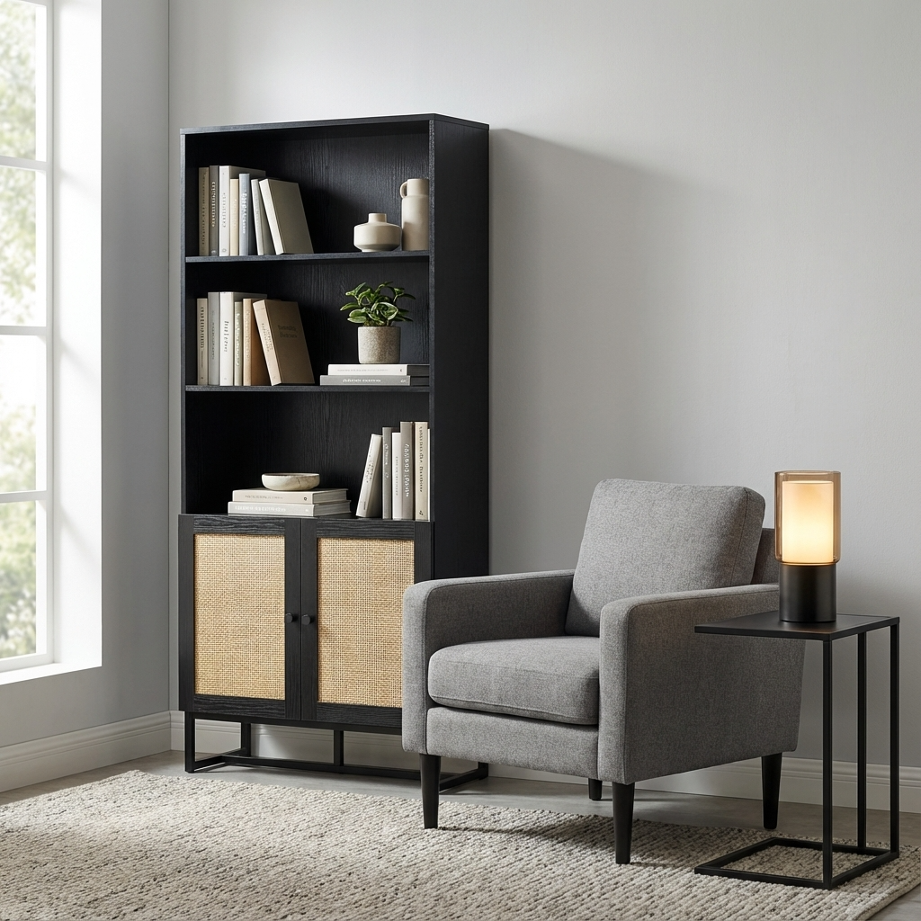Padstow Black Tall Bookcase with Rattan Front PAD108 - Havenheim Furniture