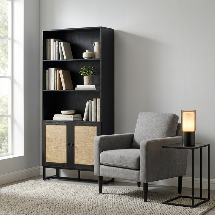 Padstow Black Tall Bookcase with Rattan Front PAD108