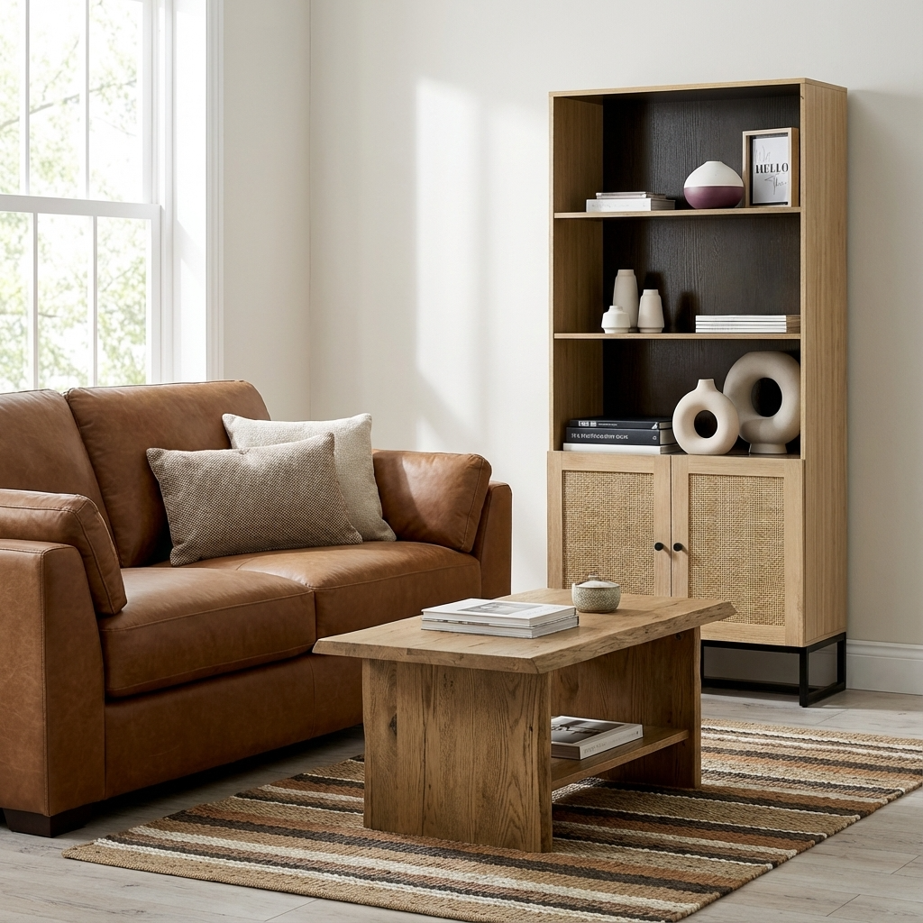 Padstow Oak Tall Bookcase Light Oak with Rattan Front PAD008 - Havenheim Furniture